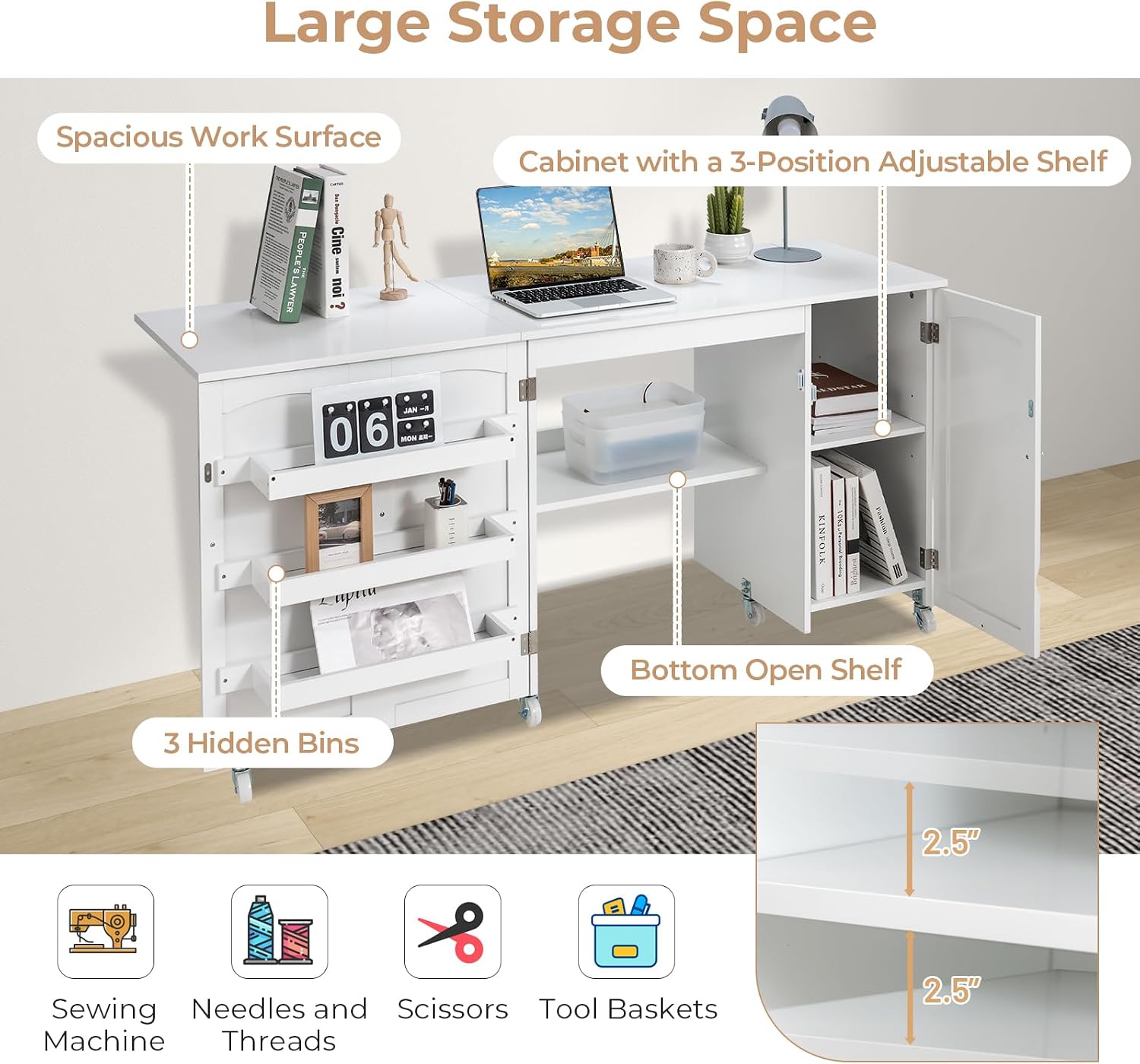 COSTWAY Sewing Machine Table, 62.5" x 20" Foldable Craft Station Table w/Lockable Casters, Storage Shelves, Bins & Single Door Cabinet, Multipurpose Sewing Machine Cabinet for Home, Bedroom (White)