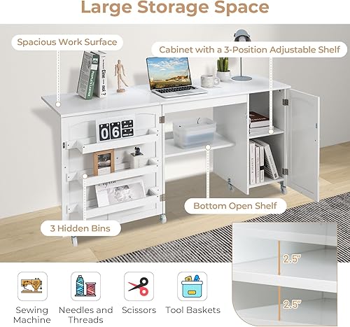Miniatura 3 de COSTWAY Mesa para máquina de coser, mesa plegable de estación de manualidades de 62.5 x 20 pulgadas con ruedas bloqueables, estantes de