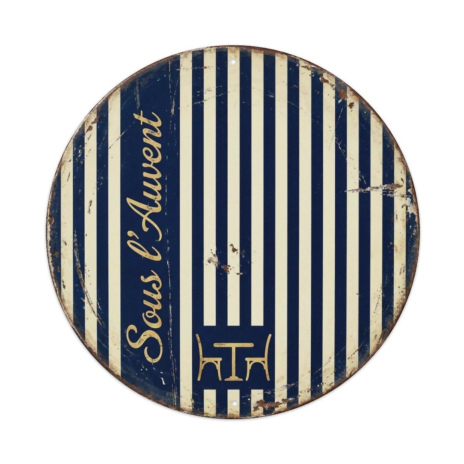 Striped Awning Lounge Cafe_1 Metal Tin Sign Plaque Wall Decor for Cafe, Club, Garden Round Metal Poster 8x8Inch