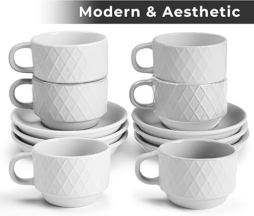 Miniatura 3 de MIAMIO - Juego de tazas de café expreso de gres de 6 x 2.5 onzas, moderno con soporte y platillos - Colección Palmanova (blanco)