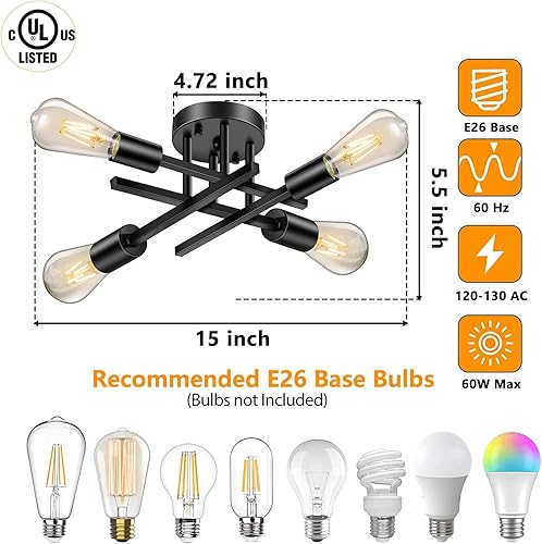 Miniatura 2 de Lomoky Lámpara de techo industrial semiempotrada de 4 luces, moderna negra cerca del techo, lámpara de techo para pasillo, cocina, dormitorio, sala