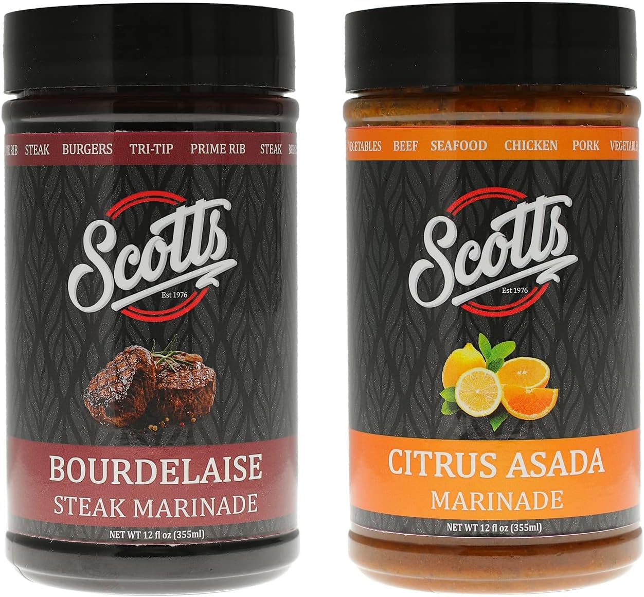 ScottsSeasonings and Marinades Bourdelaise Steak & Citrus Asada Twin Pack - Ideal for Steak, Filet Mignon, Tri-Tips, Prime Rib, Chicken, Beef, Poultry, Pork, Seafood, Veggies, 12oz