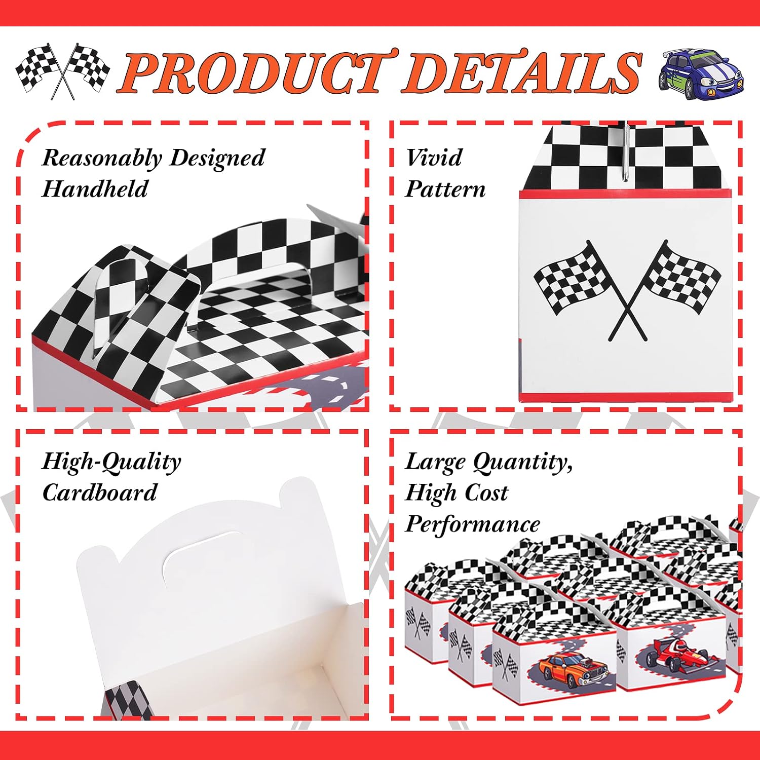 24 Pcs Racing Cars Party Gift Boxes with Handle Race Flag Treat Goodie Boxes for Candy Gifts Black and White Checkered Wheels Car Tote Bags for Racing Themed Birthday Party Supplies Decorations