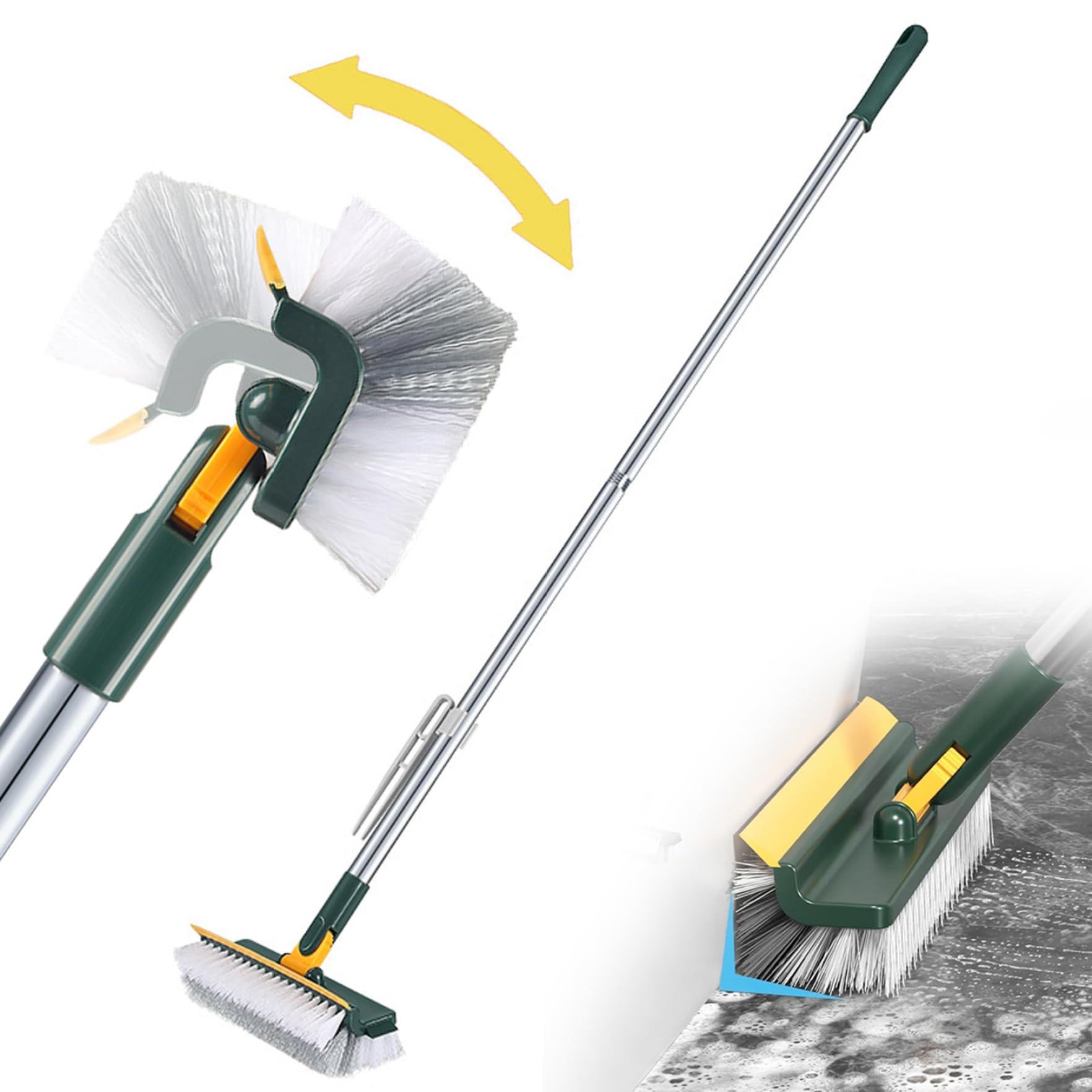 Abibiocy Floor Scrub Brush 2 in 1 Floor Squeegee ＆ Grout Brush Cleaning with Rotating Long Handle V-Shape Stiff Bristle Scrubber with Squeegee for Bathroom Scrub