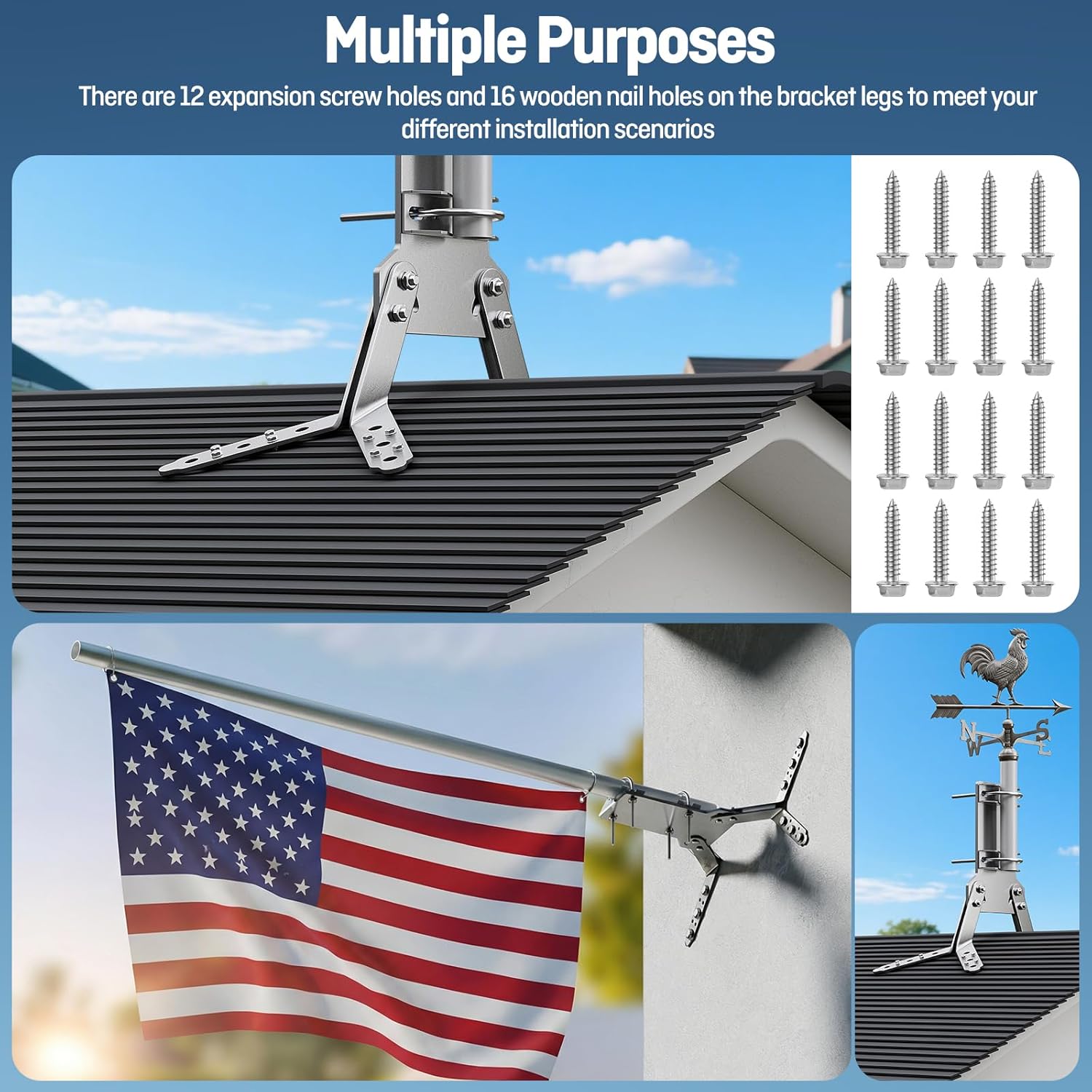 Adjustable Weathervane Roof Ridge Mount, Heavy-Duty Stainless Steel Mast Clamps Holder Fits up to 2.4" OD Poles