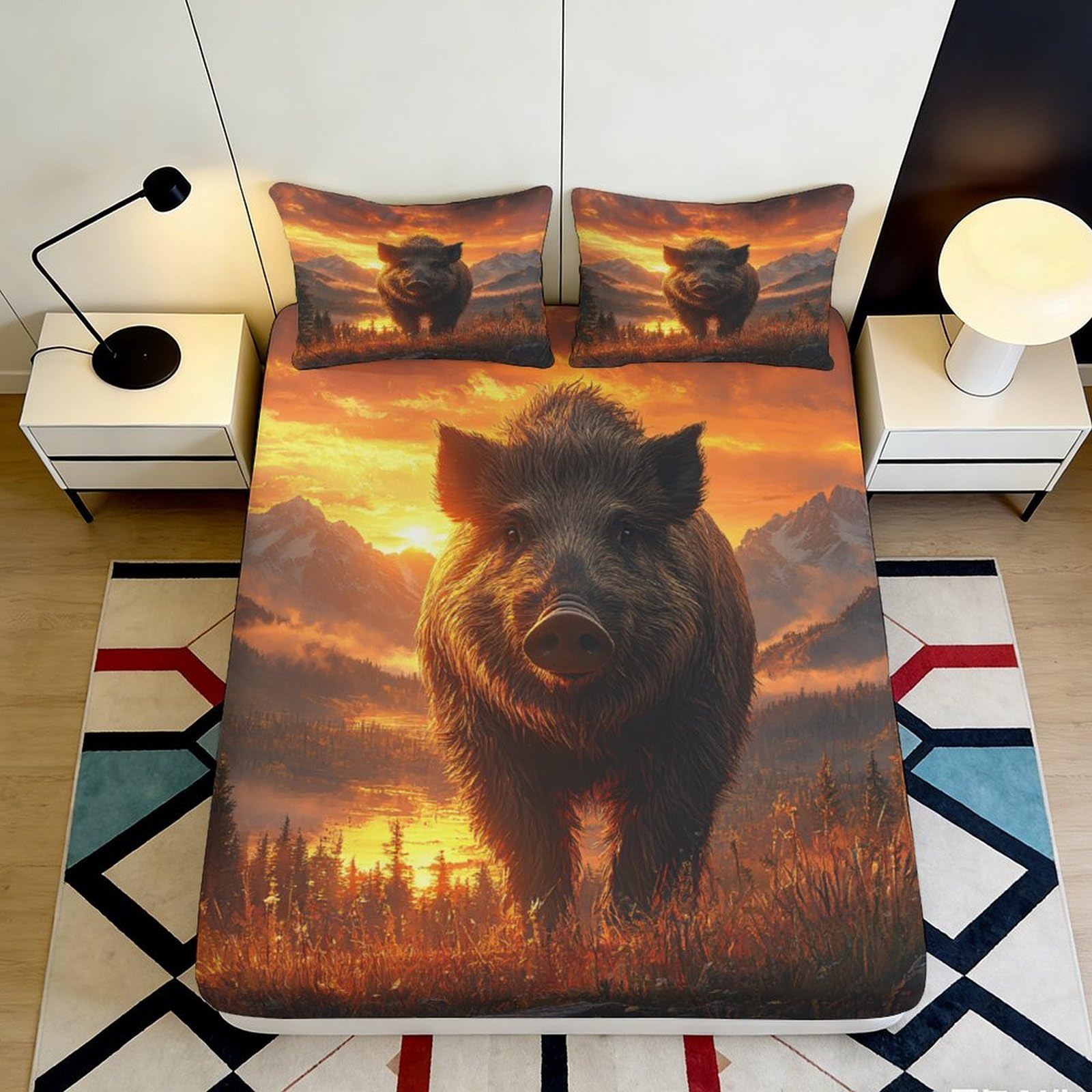 Jqzkxnhpbr Style-5 3D Printed Wild Boar Sunset Fitted Sheet Microfiber Soft Anti-Slip Bed Sheet For Bedroom Guest Room Mattress Cover 90X200x25cm