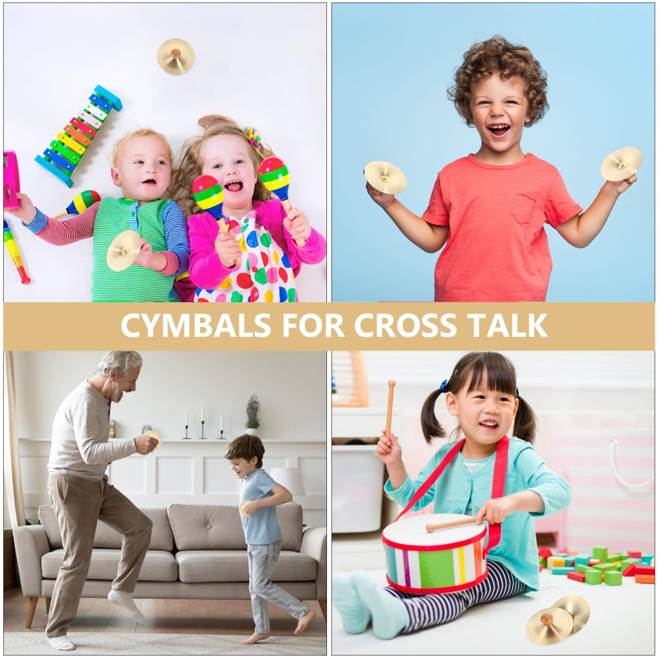 Vaguelly Finger Cymbals with Wooden Handles, 1 Pair Copper Band Cymbals, 9cm/3.5in Mini Marching Cymbals, Hand Cymbal Belly Dance, Orff Music Instrument for Child & Adult