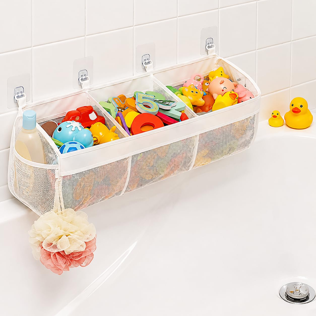 Bath Toy Storage Net, Hanging Bath Toy Holder with 3 Compartment & Suction Cups, Bath Gametoy Tidy for Accessing & Sorting, Quick Dry Bath Toy Mesh Bag for Kids Toddlers Bathroom Shower