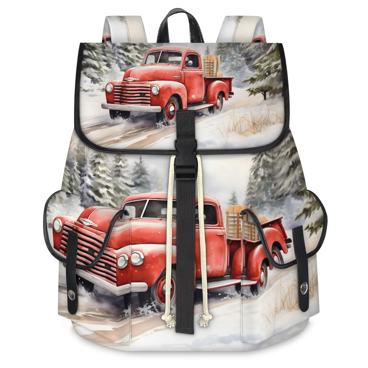 Red Truck Winter Forest Travel Laptop Backpack for Women Men Large Capacity Waterproof 15 Inch Computer Drawstring Nurse Casual Daypack for Travel Sports