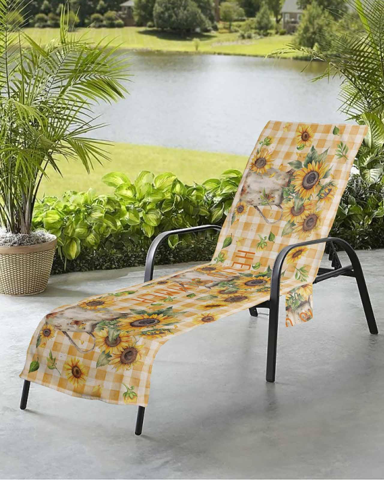 Beach Pool Patio Lounge Chaise Chair Cover Towel with Pockets,Plaid Sunflower Absorbent & Quick Dry Microfiber Towel Cover Bag Summer Travel Accessories Rustic Farmhouse Buffalo Floral Summer