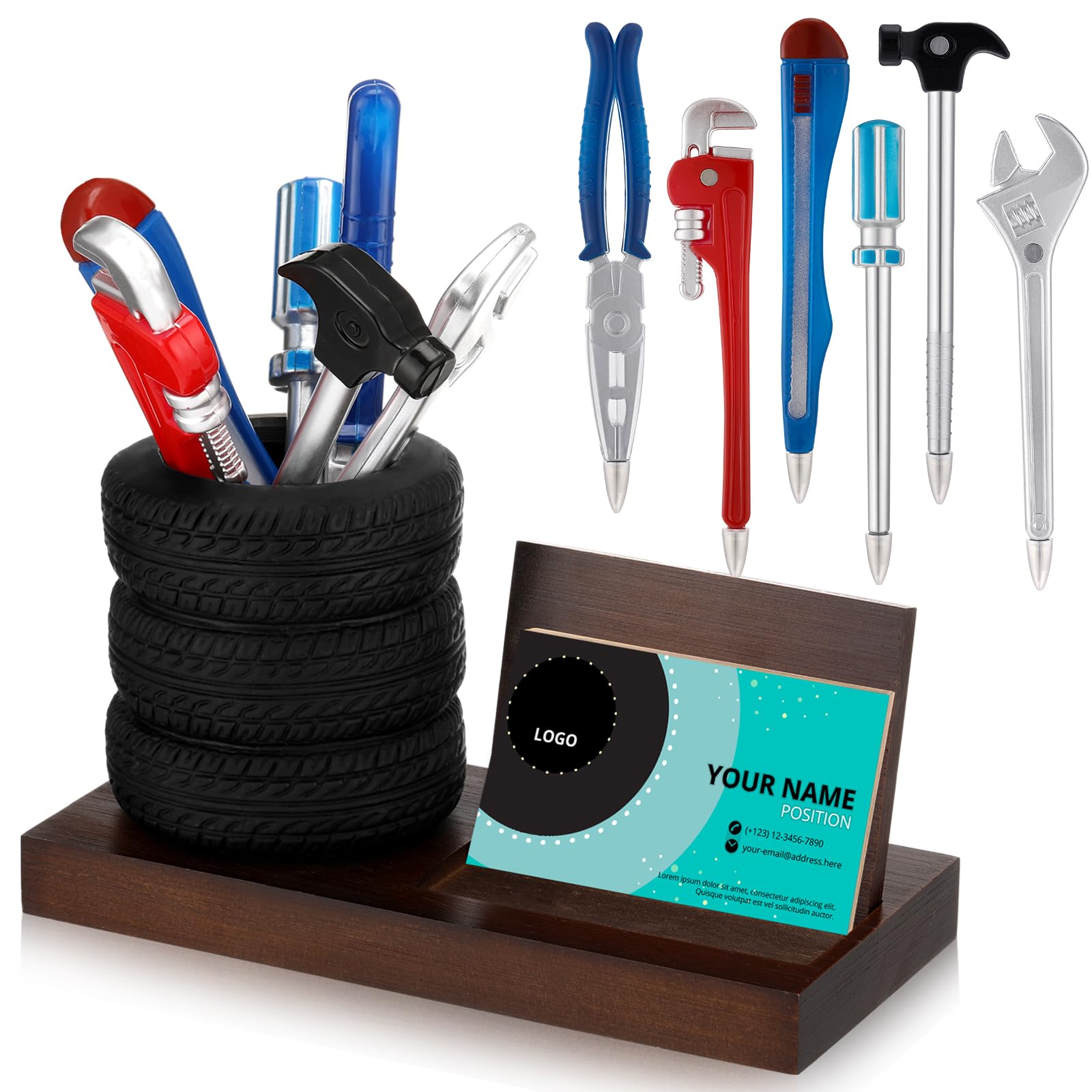 Feifeiya 7 Pcs Tire Shape Stationery Set Tire Pen Holder Desktop Include 6 Pcs Novelty Tool Pens Business and a Card Pen Holder Office Accessories for