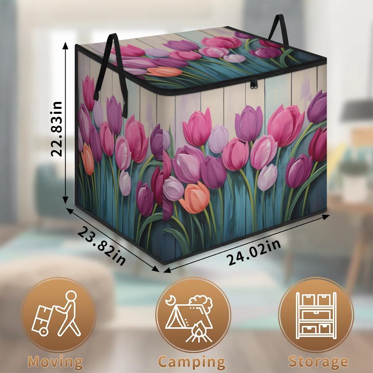 Honeybaby 214L Extra Large Comforter Storage Bag Farmhouse Flower Tulip Storage Totes with Lids Waterproof Closet Organizer Folding Blanket Storage Bags for Clothes Bedding Pillows