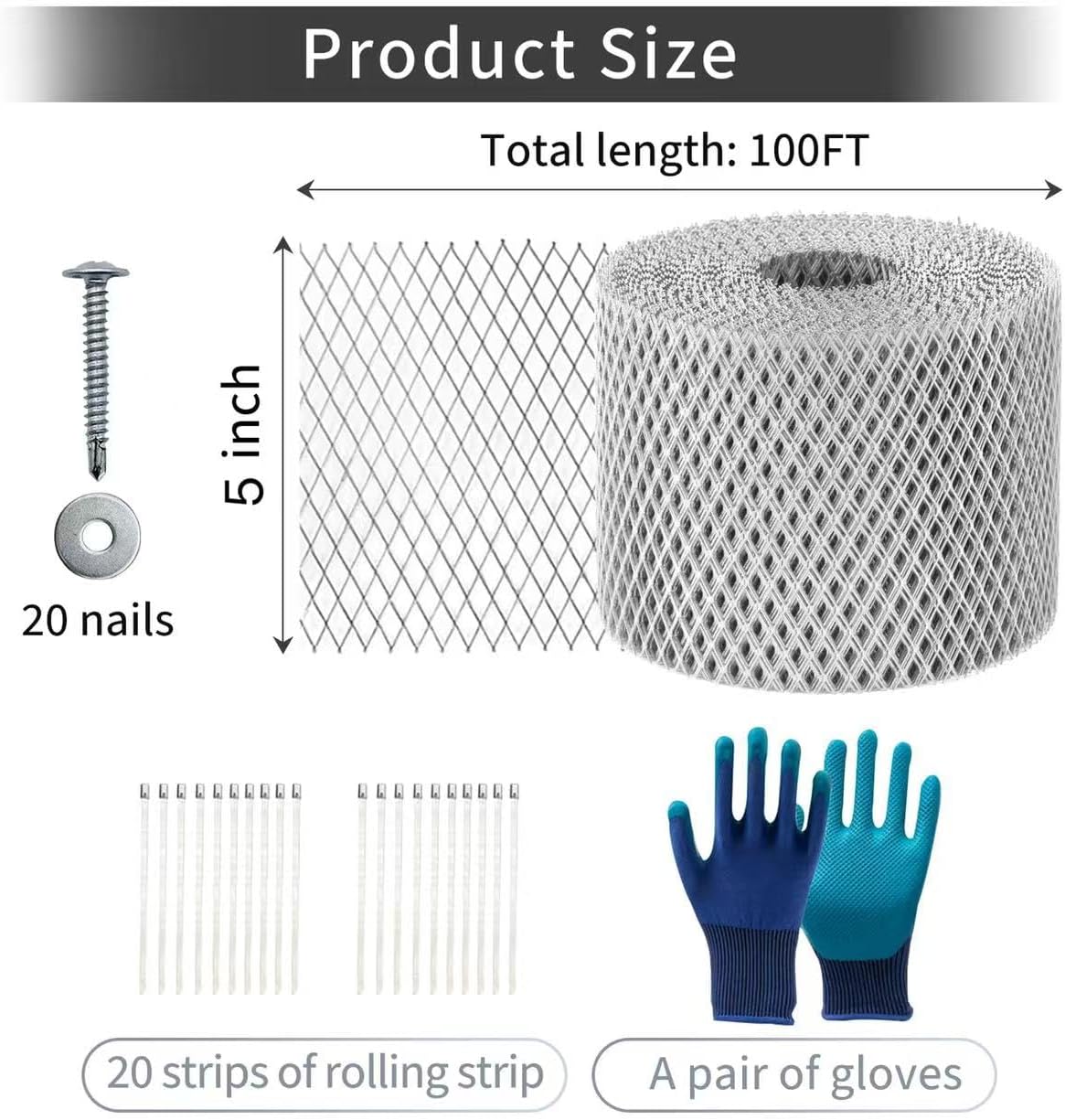 5 Inchx100 Feet Gutter Guard Mesh Roll,Leaf Filter Gutter Protection Roll,Gutter Cover Screen DIY Protection,20‎ Fixed Cable with 20 Self-Tapping Screws and Protective Gloves (Silver 5inch X 100ft)