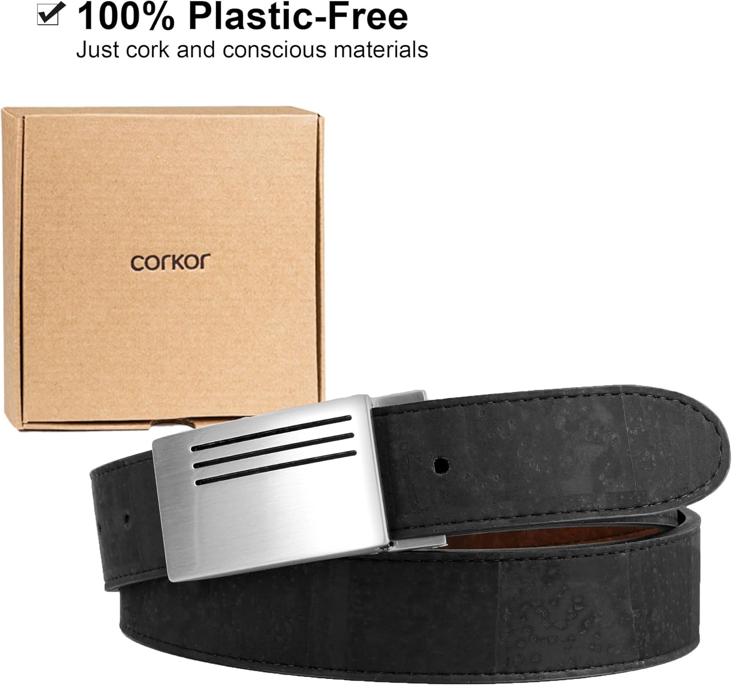 Corkor Men Reversible Cork Belt Faux Leather - Vegan Leather Dress for Jeans Adjustable Belt – Brown Black - 1,38" Wide
