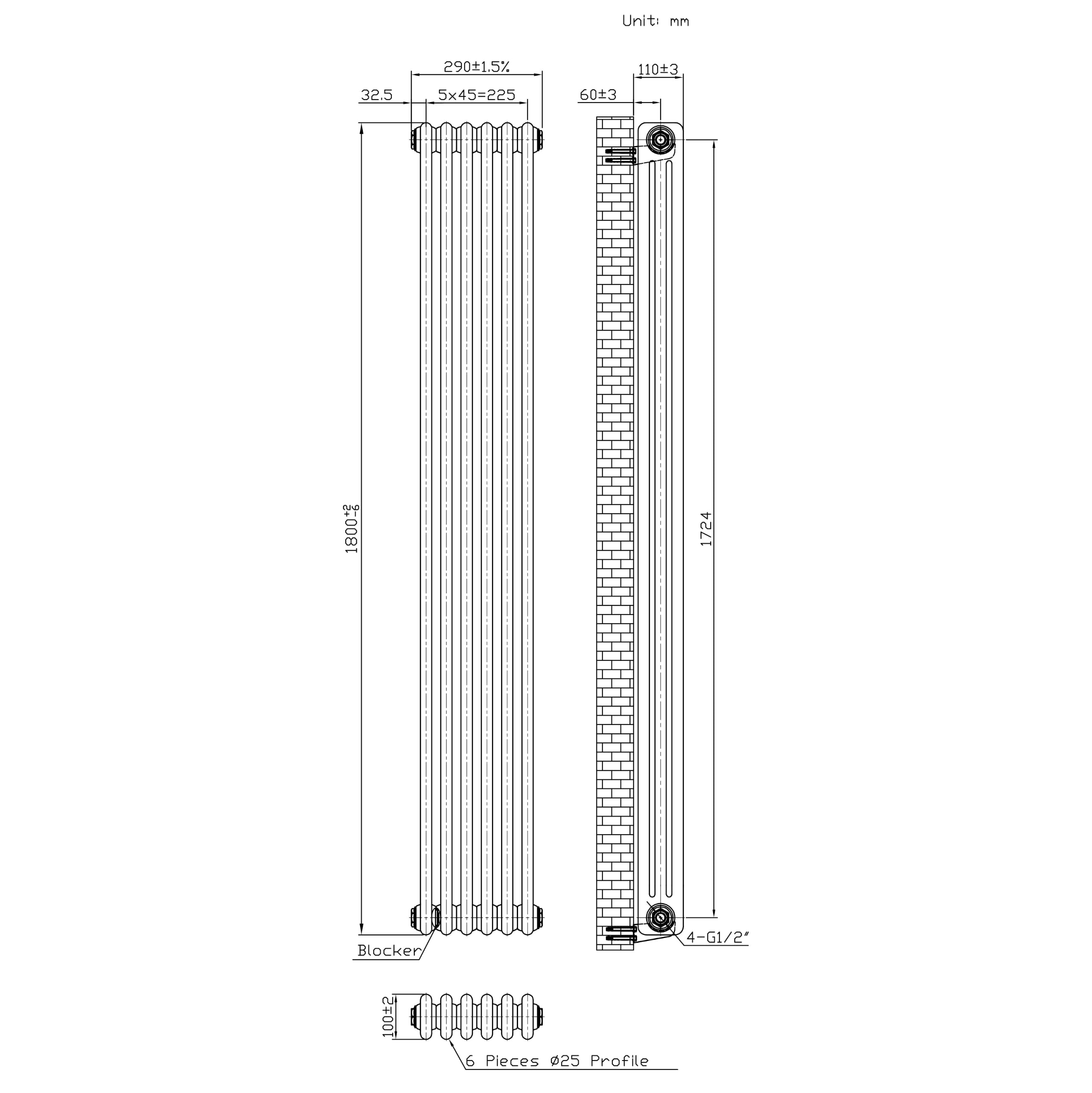 Radiador Vertical Tradicional 1800 x 290 mm 3 Columnas y Válvulas Termostáticas – Metal Crudo Estilo Industrial 1599W Incluye Soportes, Kit de Instalación y Cepillo