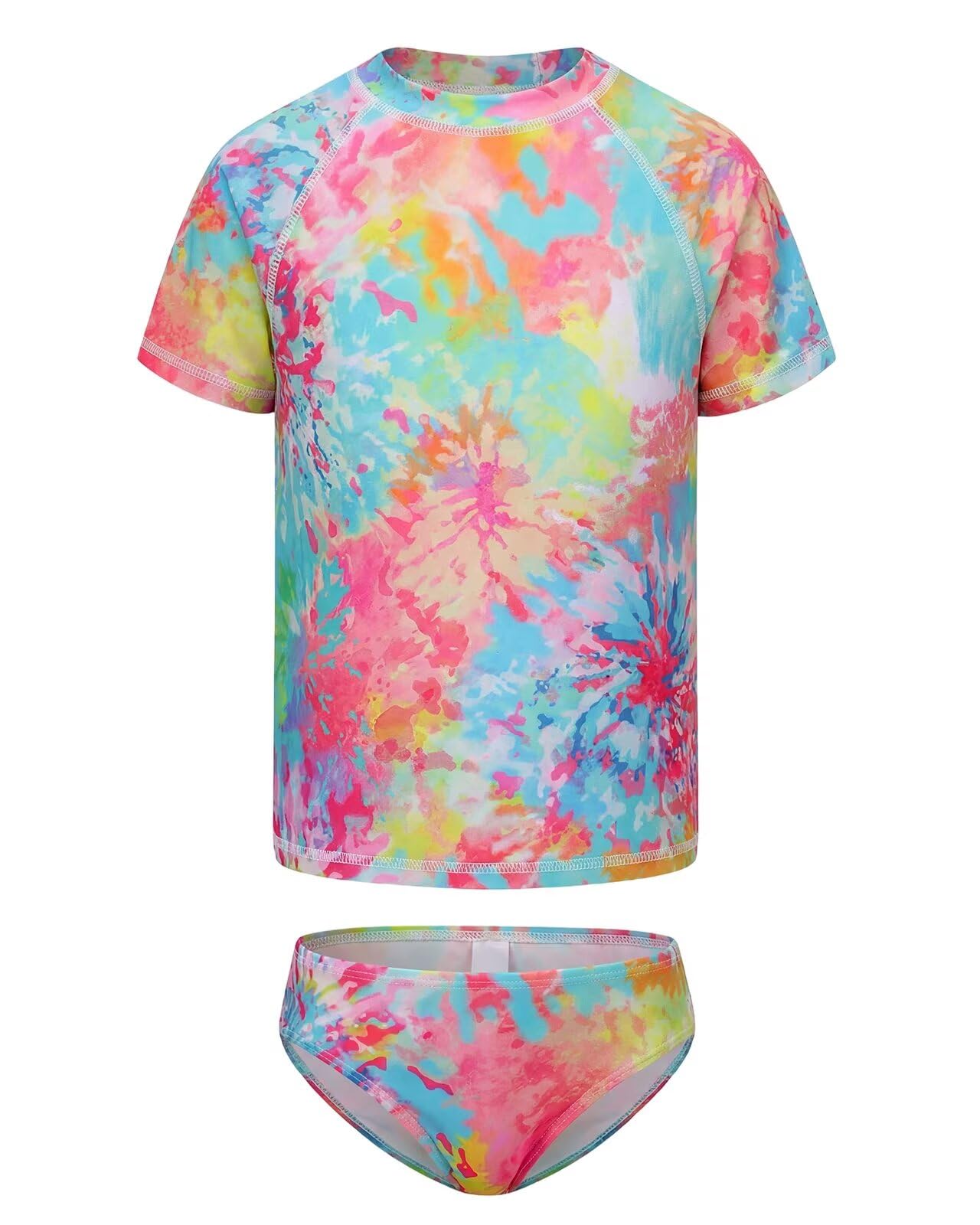 Girls Two Piece Rash Guard Swimsuits Set Short Sleeve Bathing Suit for Kids Hawaiian Swimwear Set 3-16 Years