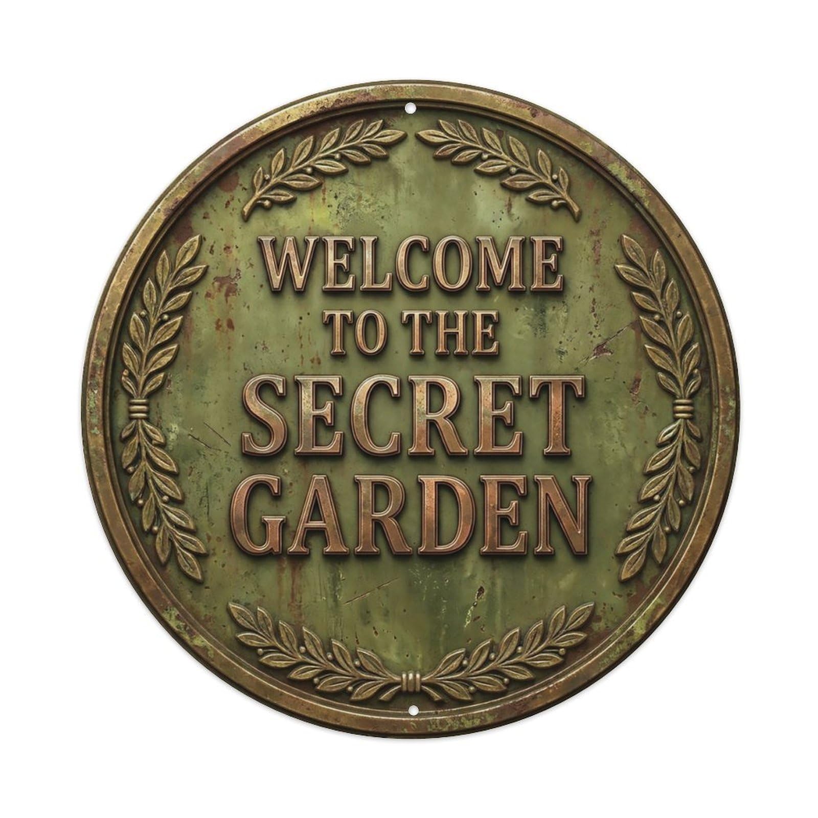 Vintage Welcome Secret Garden Brass Olive Wreath Metal Tin Sign