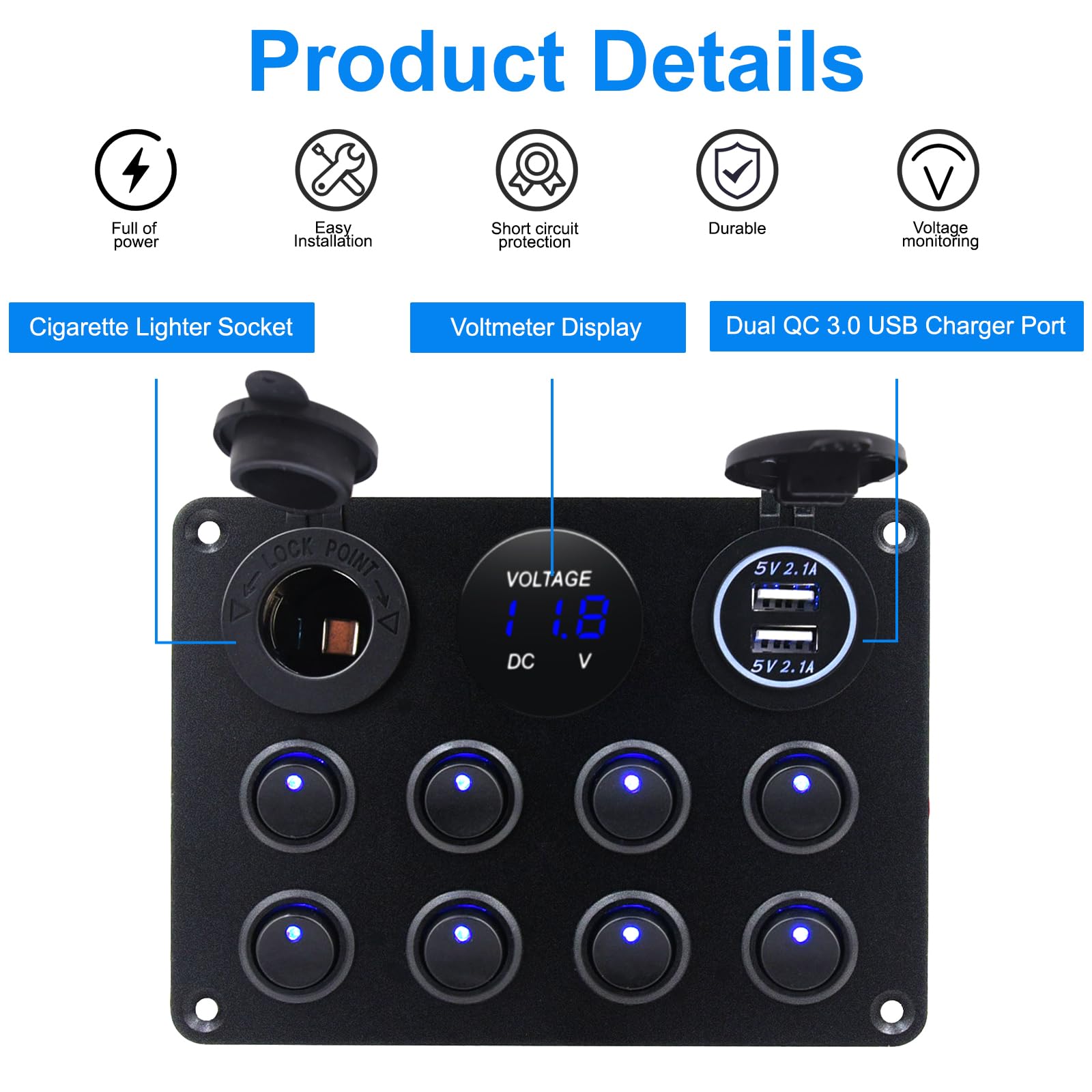KAOLALI Pannello Interruttori 8 Gang 12V/24V, Interruttore a Levetta Impermeabile Porta caricatore USB 4.2A + Accendisigari + Voltmetro per Camper Roulotte Barche LED Blu