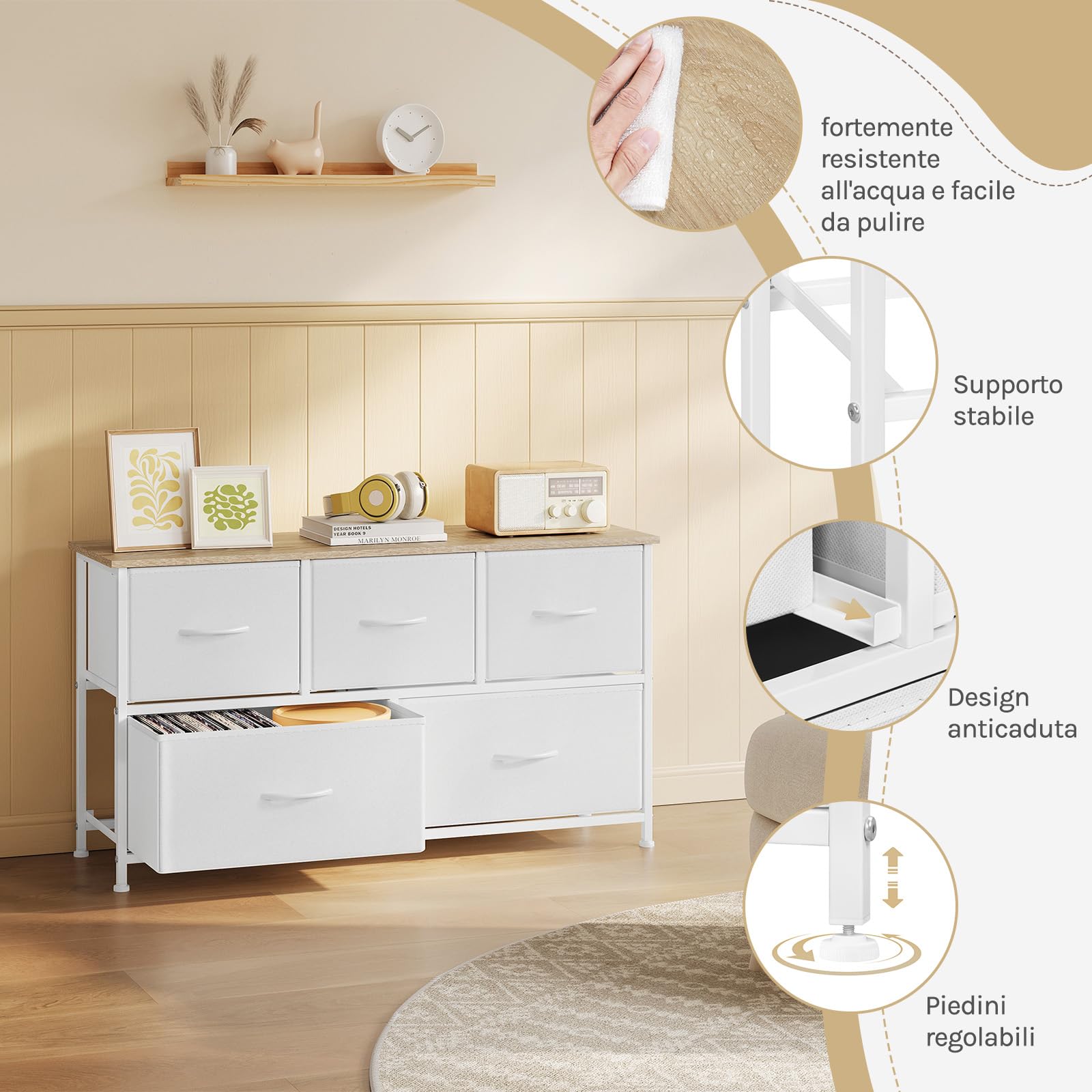 WOLTU Cassettiera Camera da Letto, Cassettiera con 5 Cassetti a 2 Livelli in Tessuto, Mobile con Cassetti Industriale, Struttura in Metallo e Legno, Bianco, 100x30x54cm, SSK005ws