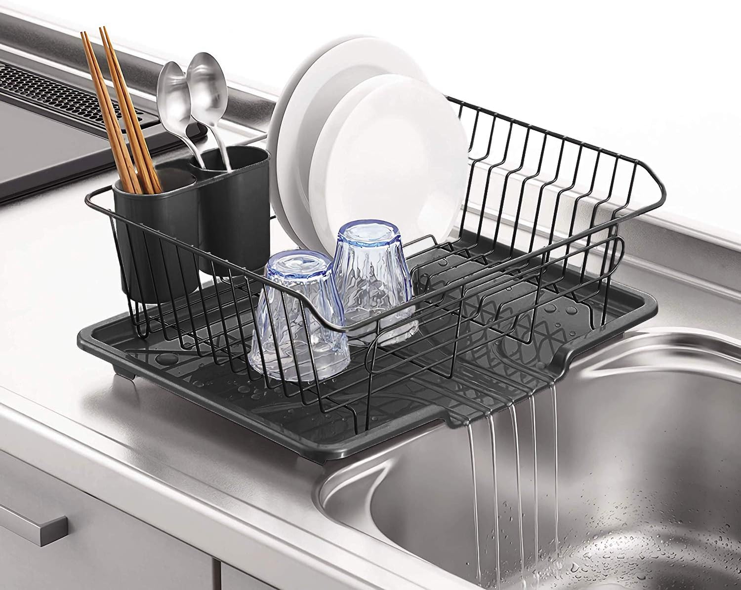 Pearl Metal HB-4594 Metal Dish Drainer Basket, Water Flowing with Tray, Black, Vertical Stand, Black