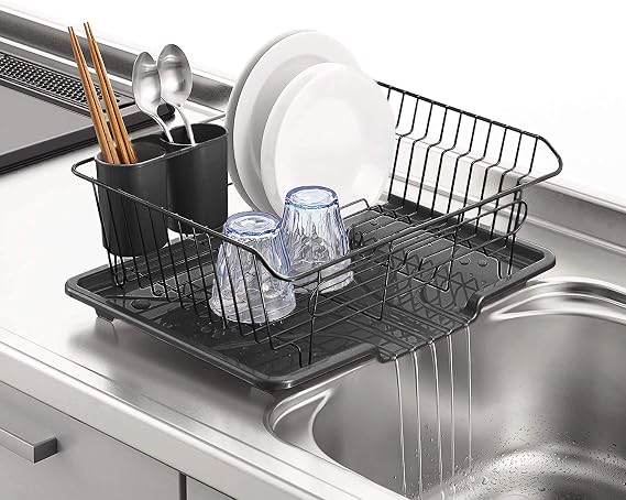Pearl Metal Aldeo HB-4594 Metal Dish Drying Rack with Tray that Drains Water, Vertical Placement, Black Exclusive Black