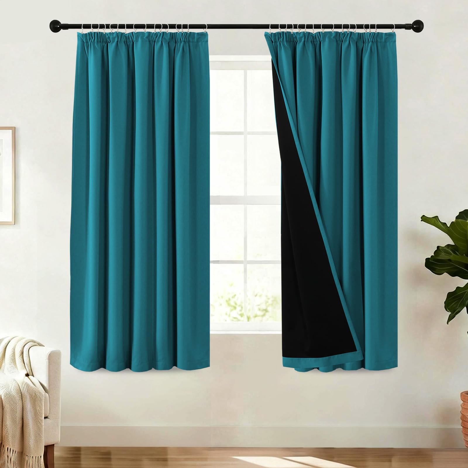BellaHills 100% Blackout Curtains for Bedroom Thermal Insulated Curtains & Drapes for Living Room Short Window Curtain Pencil Pleat Back Tab Rod Pocket 2 Panels, W66 X L54, Turquoise Blue