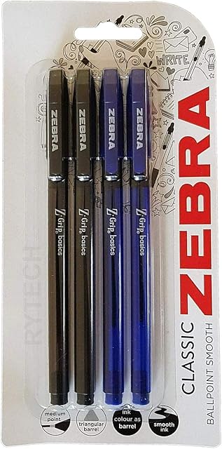Zebra Pen Z-Grip Basics Ballpoint Smooth Pen, Medium Point, 1.0mm, Assorted Ink Colors, 4-Pack