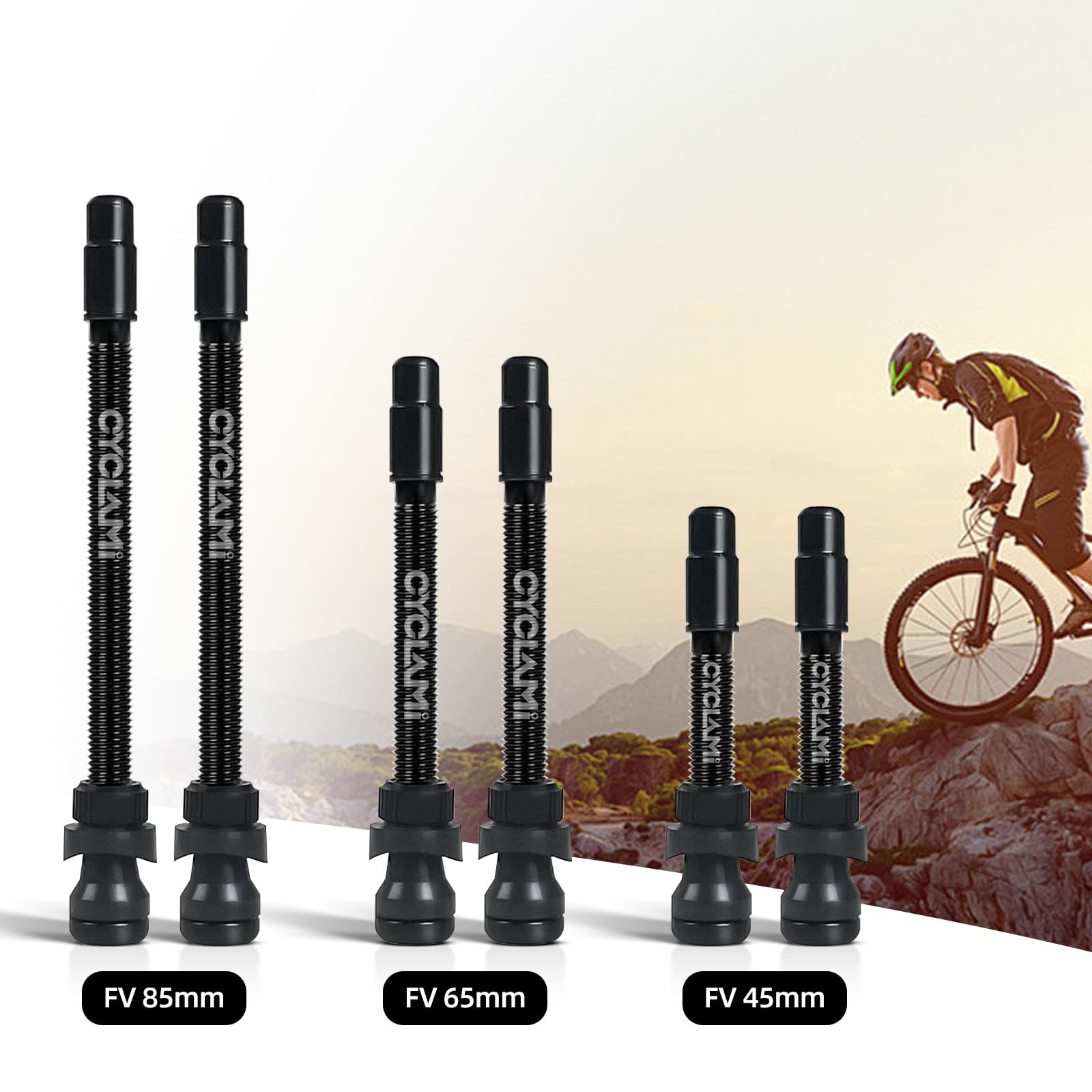 Lot de 2 CYCLAMI Presta Tubeless Valves 45/65/85mm, Insert Anti-Crevaison en Aluminium de Haute Qualité pour Pneus Tubeless, avec Outil de Démontage de Valve, pour vélo de Route, Gravel et VTT