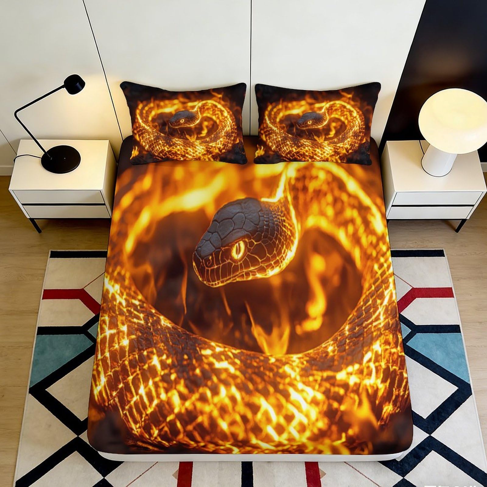 3D Printed Fiery Snake Fitted Sheet Microfiber Soft Breathable Lava Pattern Mattress Cover for Bedroom Dorm Decor 90x200x25cm