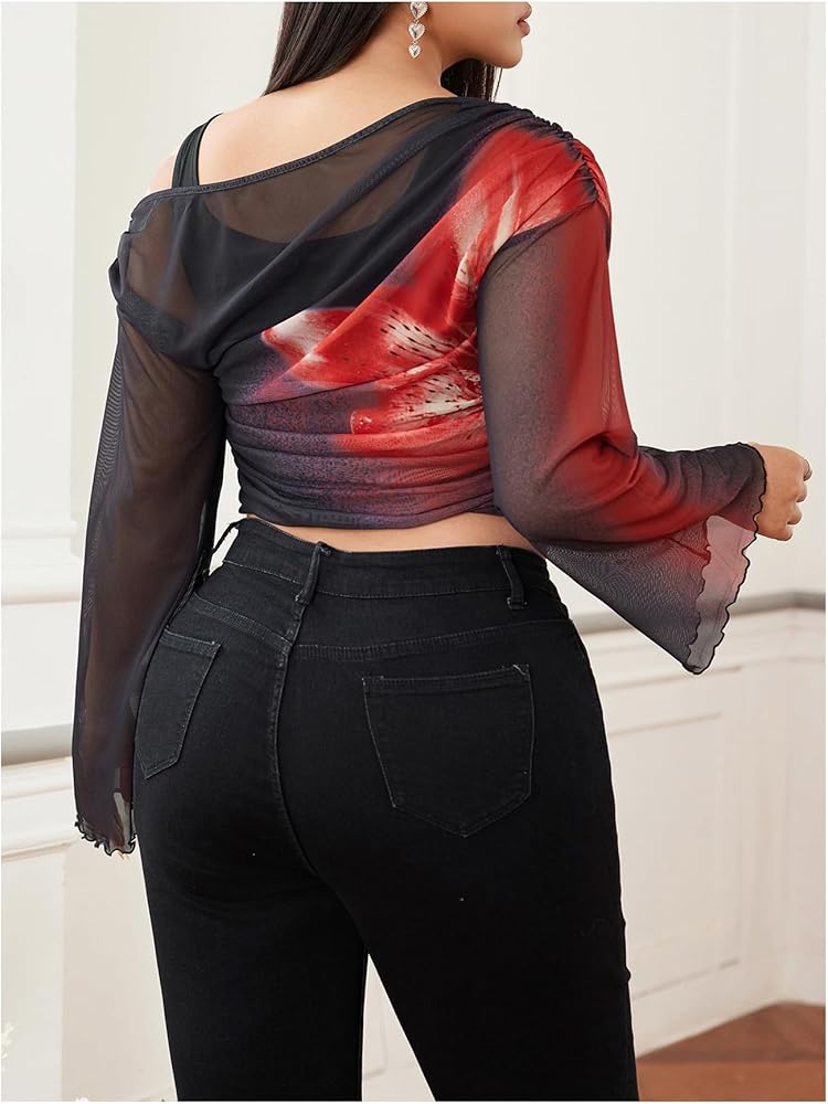 Verdusa Women's Y2k Off The Shoulder Tops Mesh Long Sleeve Crop