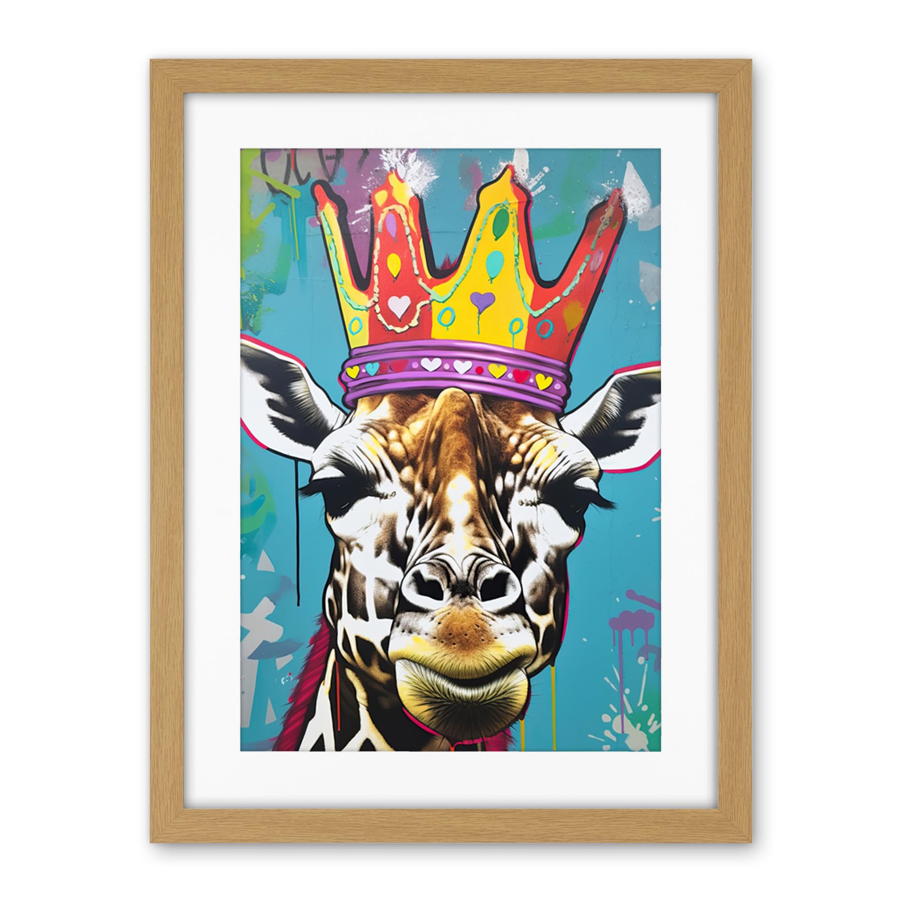 Artery8 Giraffe With Queen Birthday Crown Modern Pop Art Artwork Framed Wall Art Print 18X24 Inch
