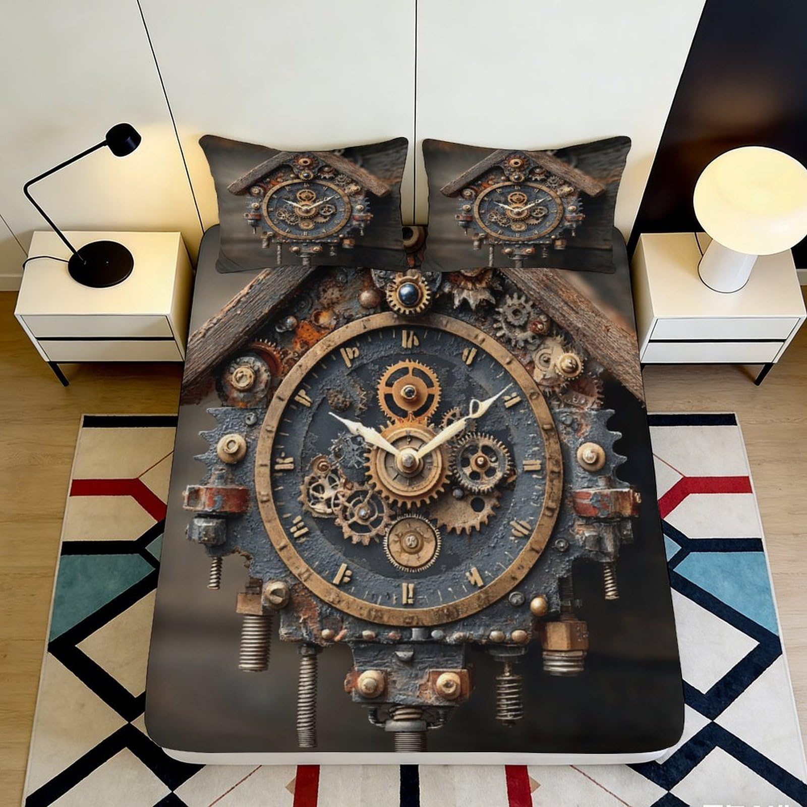 3D Printed Steampunk Clockwork Fitted Sheet Microfiber Non-slip Industrial Gear Bed Cover for Bedroom Decor 120x200x25cm