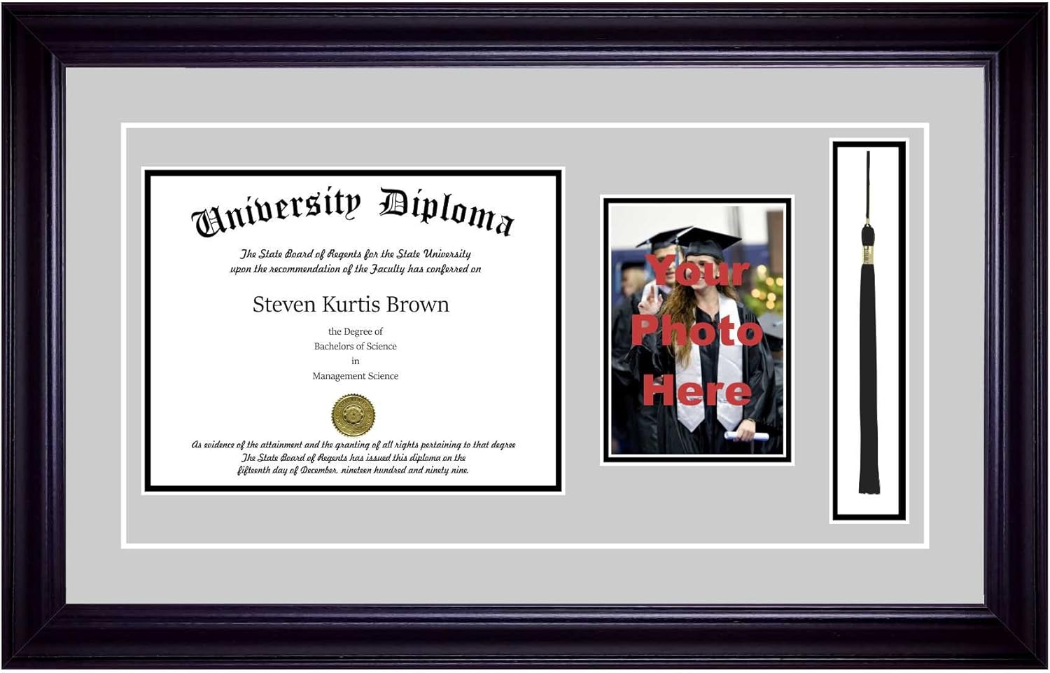 Perfect Cases Single Diploma Frame with 5x7 Photo, Tassel and Double Matting for 17" x 14" Tall Diploma with Black 2" Frame