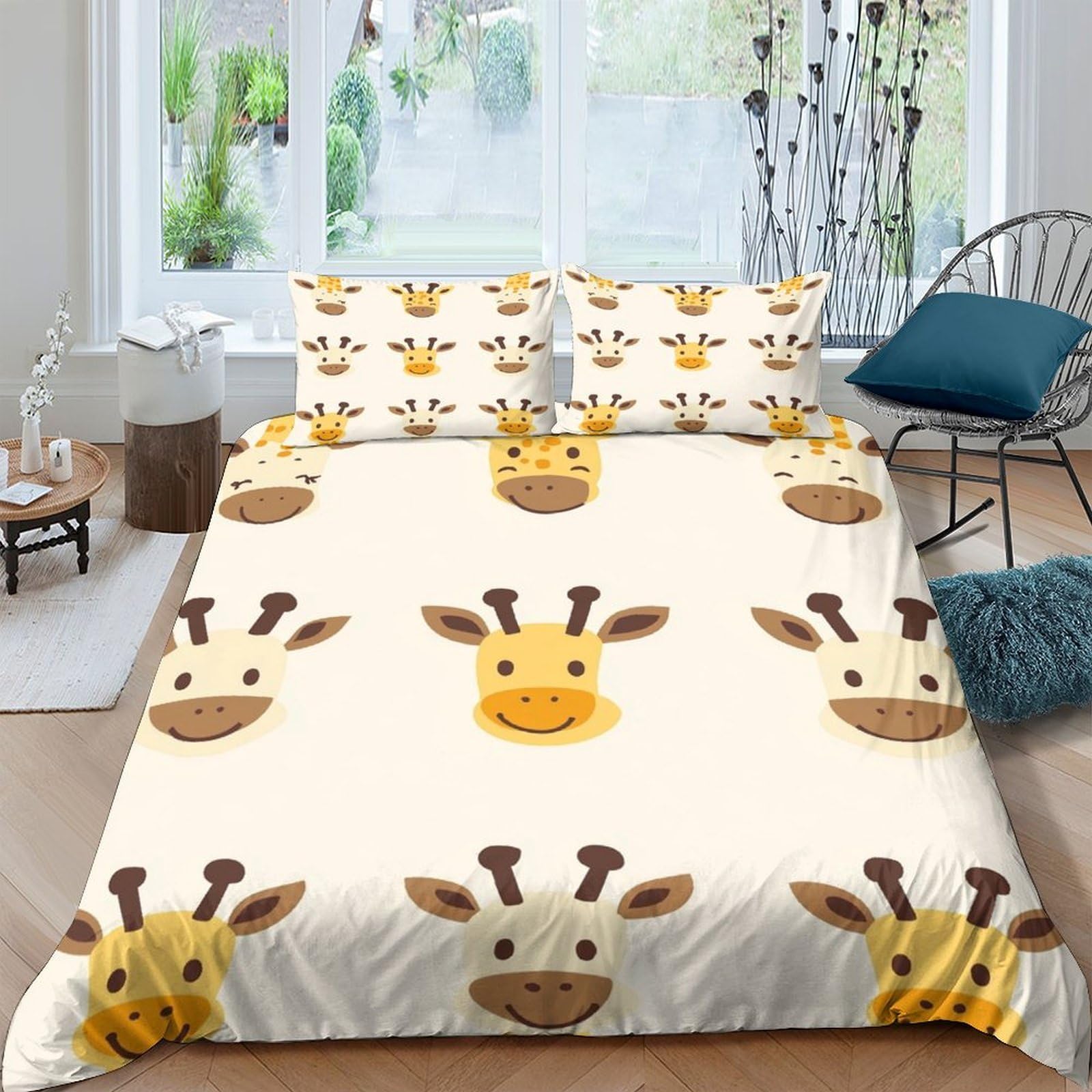 GPLZQXKJNH 3D Printed Cartoon Giraffe Duvet Cover Microfiber Soft Breathable Animal Bedding Set with 2 Pillowcases for Bedroom Decor Single（135x200cm）