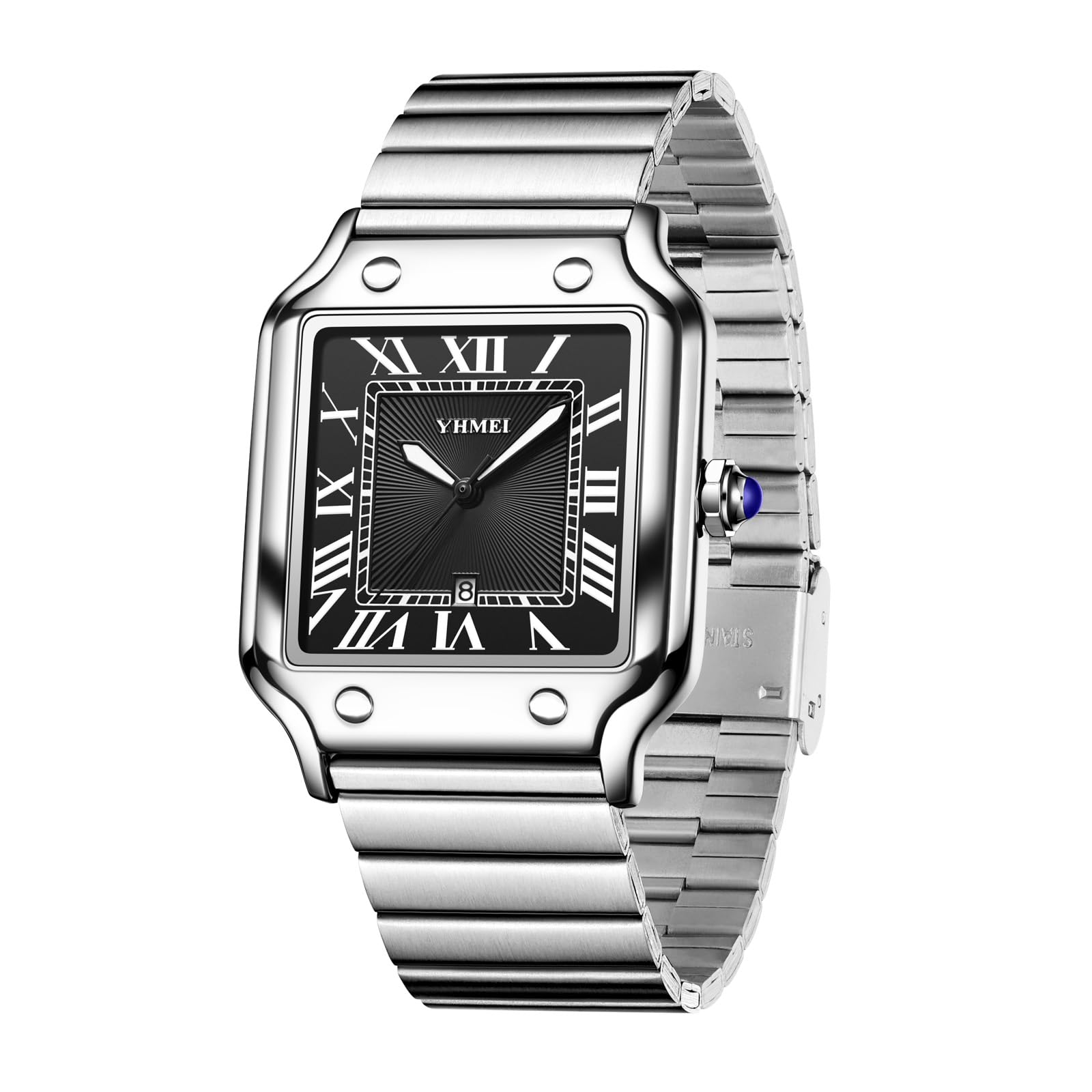 CARLIENUnisex Classic Square Roman Numerals Silver Analog Waterproof Watches for Women Men Stainless Steel Strap Date Display Casual Wristwatch