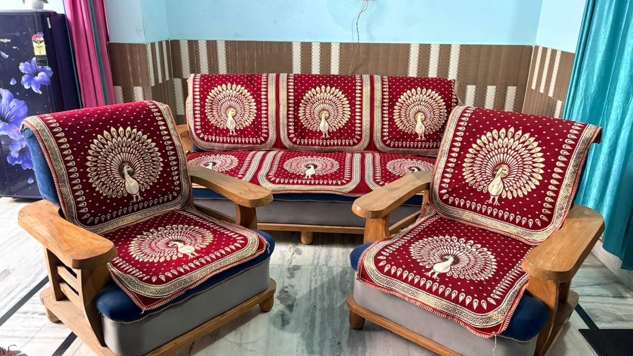 Peacock Design Sofa Cover Set for 5 Seater Sofa | Washable, Anti-Slip, Furniture Protector, Living Room, Seat Cover Set-image-23