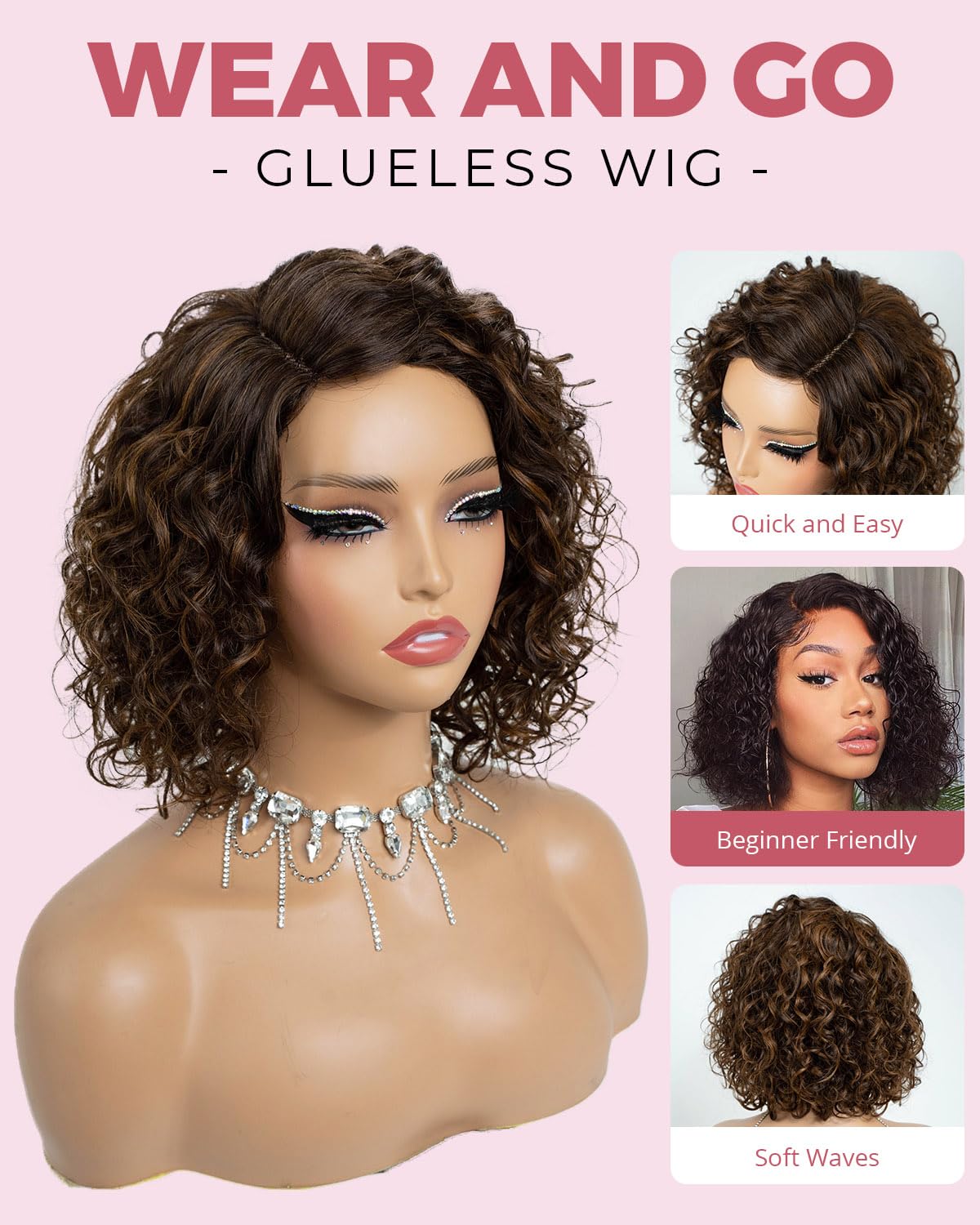 Style Icon Short Water Wave Wigs Human Hair Side Part Lace 12 inch Brown Curly Bob Wigs Glueless Wear and Go Wig for Women C-Lace (Color:P4/30) - Image 3