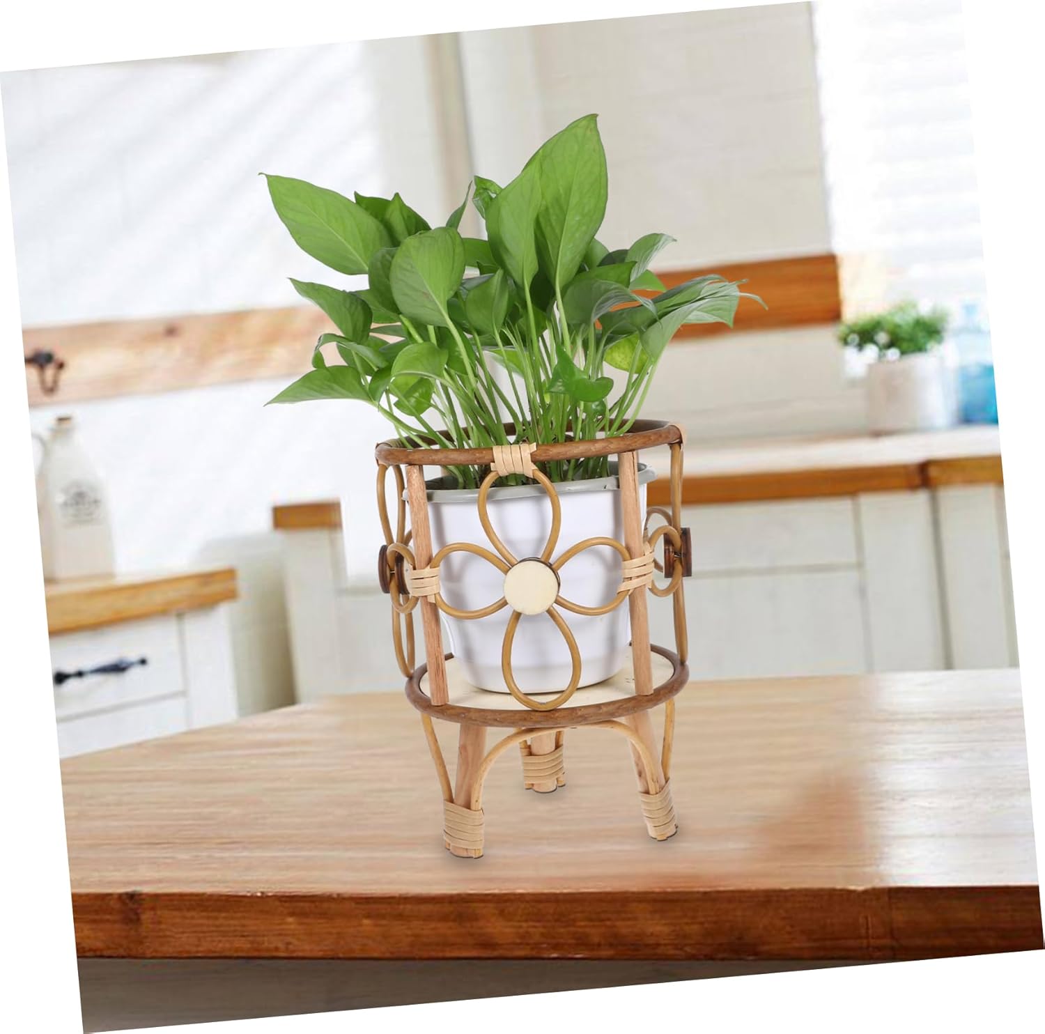Handwoven Rattan Plant Stand Elegant Flower Pot Display Rack with Legs Stylish Indoor Holder for Home Office Balcony Garden Decor Compact Chic Design for Space Optimization