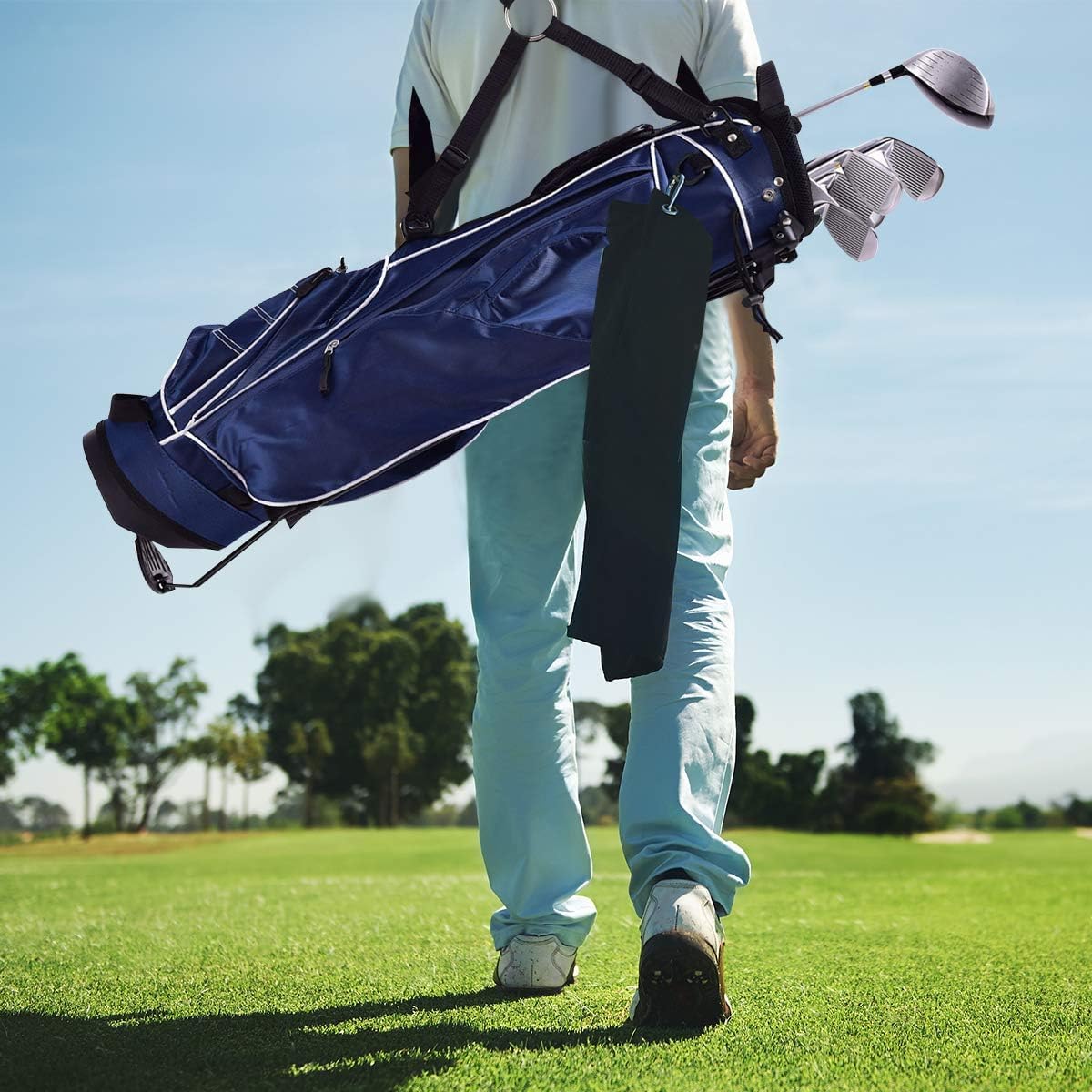 FANTASK Golfbag, leichte Golftasche mit Kopfteil & Tragegurt, tragbare Golf Stand Bag mit Standfüßen, Regenhaube & 4-facher Unterteilung, Pencil Bag für Damen & Herren, blau
