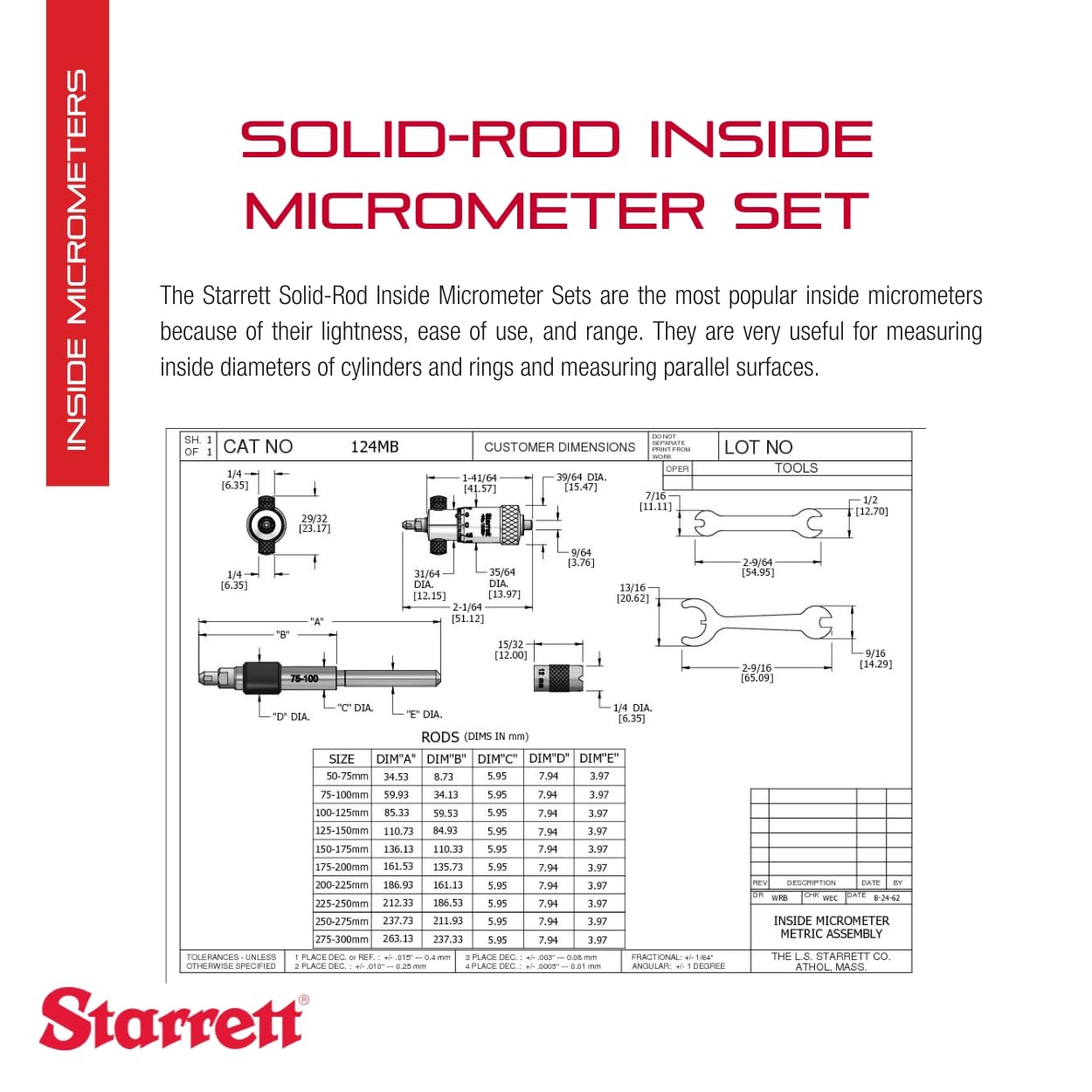 Starrett Solid Rod Inside Micrometer Set with Quick-Reading Figures, Hardened and Ground Anvils - Insulated, Adjustable, 50-300mm Range, .01mm Graduations - 10-Pack - 124MBZ
