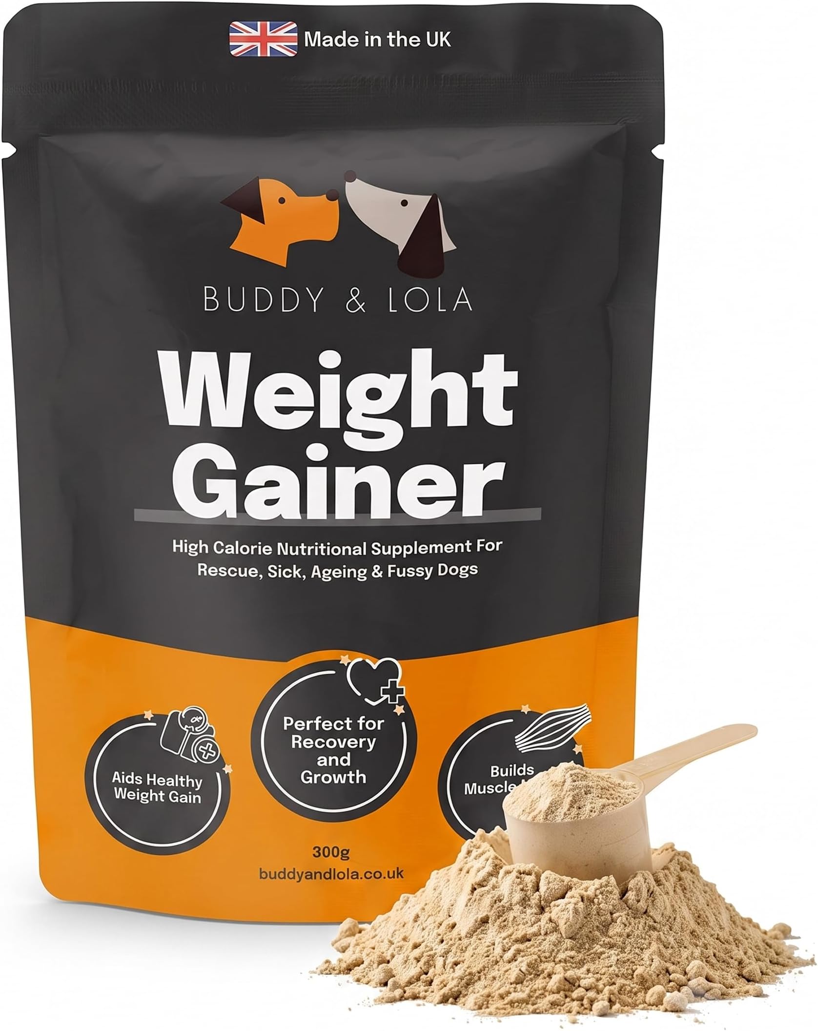 Buddy & Lola Dog Weight Gainer - Protein for Dogs, Build Muscle & Recovery | High-calorie weight gainer. 43kcal per scoop for underweight & rescue dogs. Plant based chicken flavour with soy & flaxseed