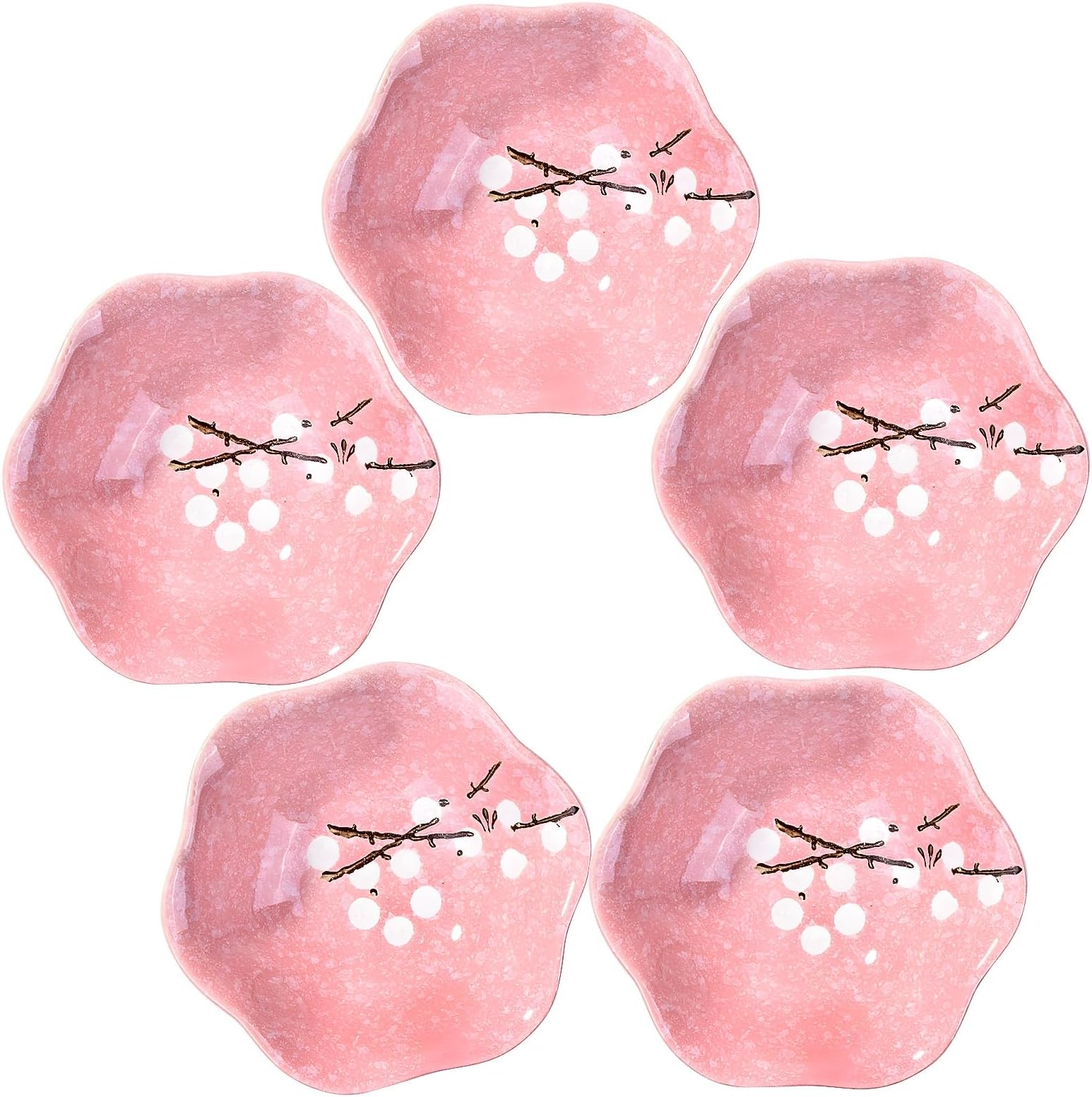 Japanese Porcelain Soy Sauce Dish Set of 5, Asian Small Sushi Dishes Dipping Cups Pink