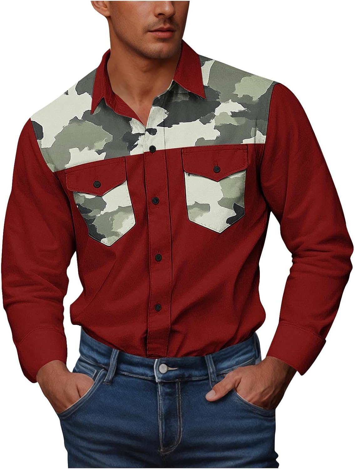 Mens Cowboy Shirts Western Long Sleeve Big and Tall Camouflage Print Work Shirt Button Down with Two Pockets Blouses