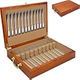Silverware Storage Box Solid Wood with Lid, Silverware Organizer with Handle and Felt Lined, Silverware Storage Chest for Flatware and Utensils Home Decor Gift, Chest for Flatware Setting Up 15