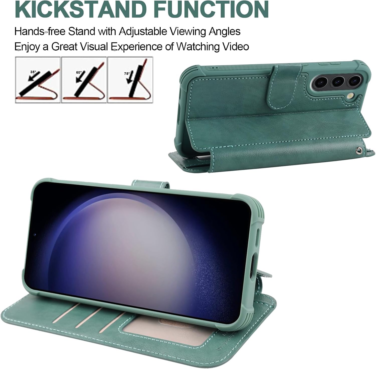 VANAVAGY Compatible for Galaxy S23 Wallet Case for Women Men, PU Leather Flip Cover with Wrist Strap for Wireless Charging with RFID Blocking Card Holder Screen Protector,Forest Green