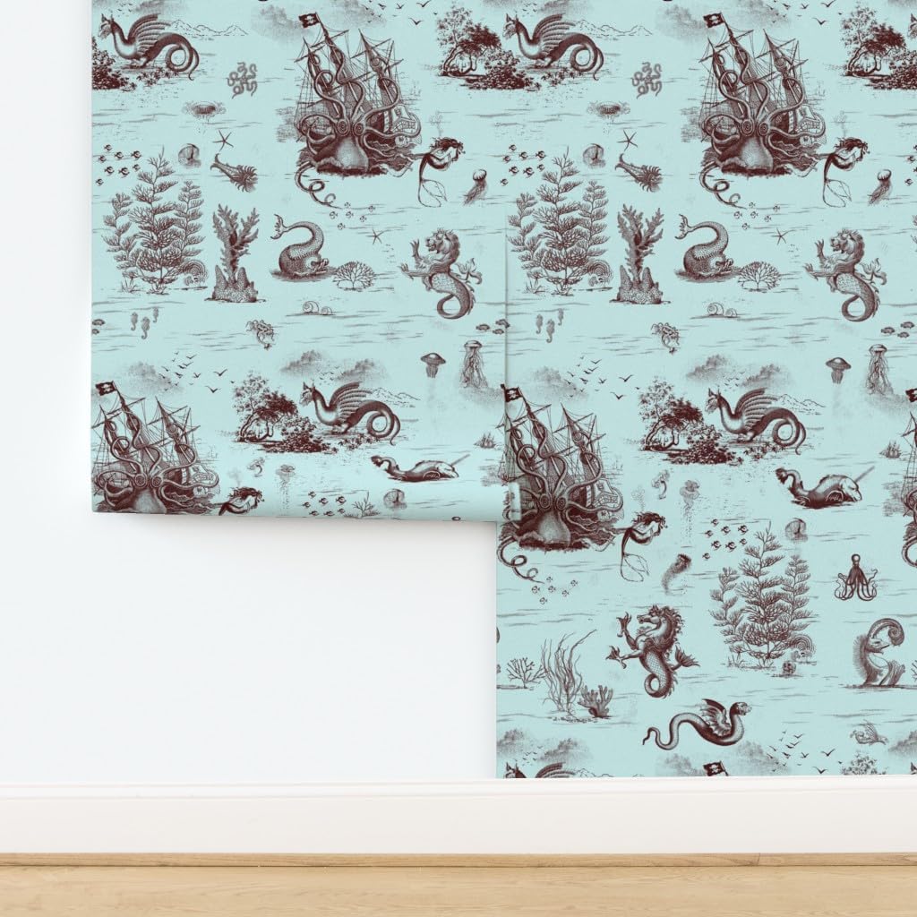 Removable Wallpaper 6ft x 2ft - Nautical Toile De Jouy Light Blue Steampunk Fantasy Sea Ocean Octopus Custom Pre-Pasted Wallpaper by Spoonflower