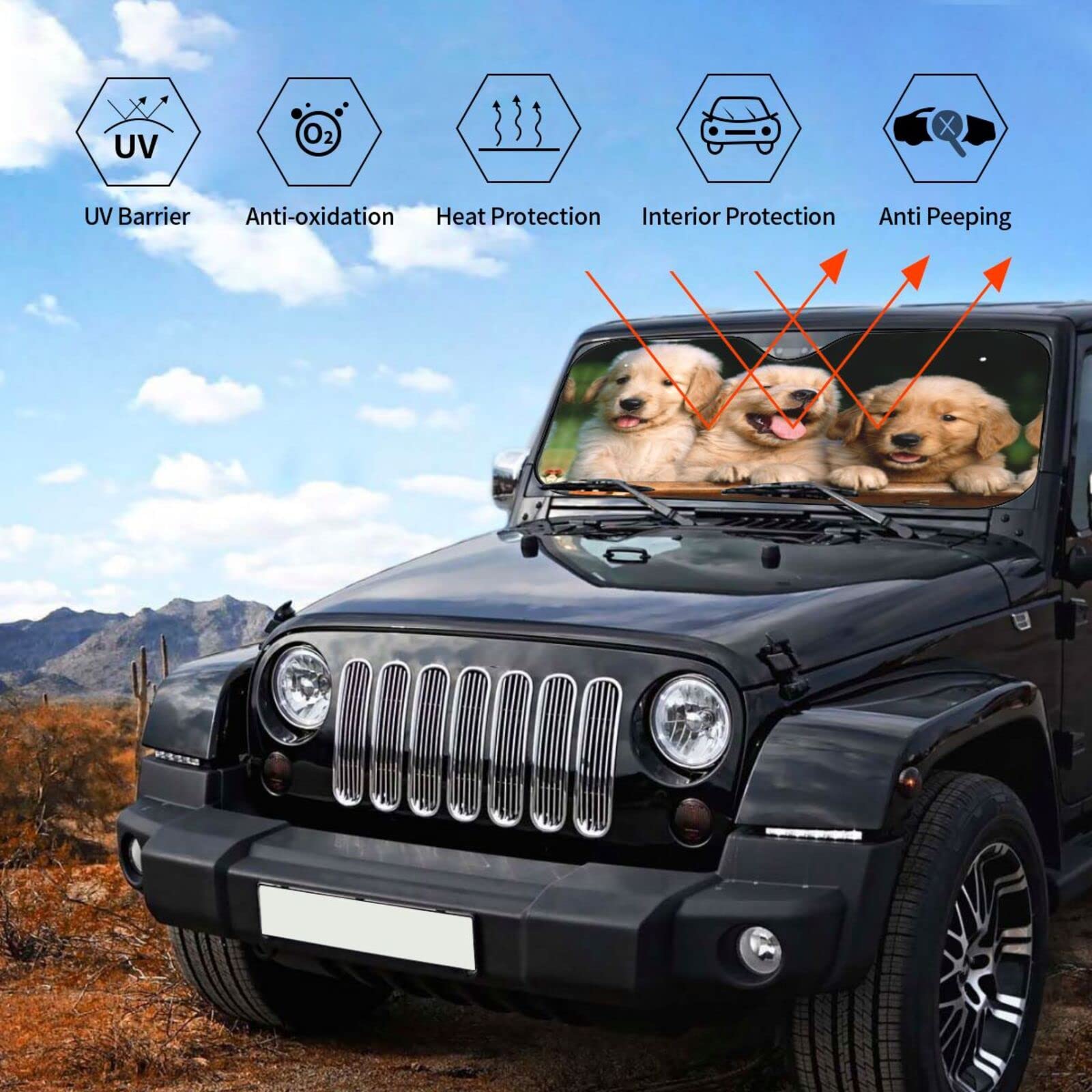 Copri Parabrezza Auto Con Stampa Golden Retriever - Parasole Universale Impermeabile 130x70 Cm Protegge Da Sole E Calore, Con Ventose - 3
