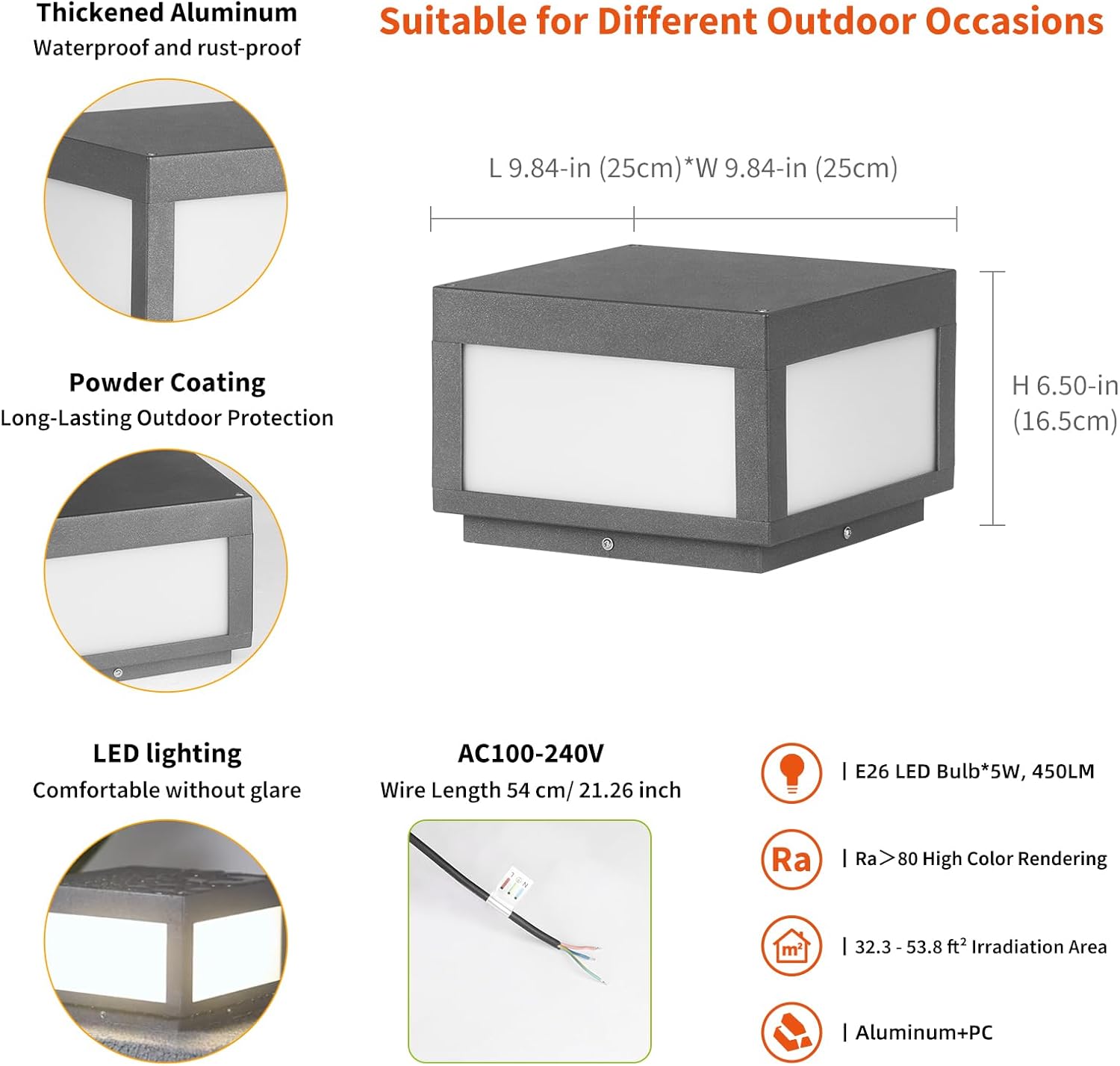 Outdoor Post Lights Hard Wired, 9.8'' AC100-240V Pillar Light Outdoor Waterproof, Fence Column Light Fixture Dusk to Dawn, Modern 3000K LED Deck Post Cap Lamp Electric Lighting for Garden Posts