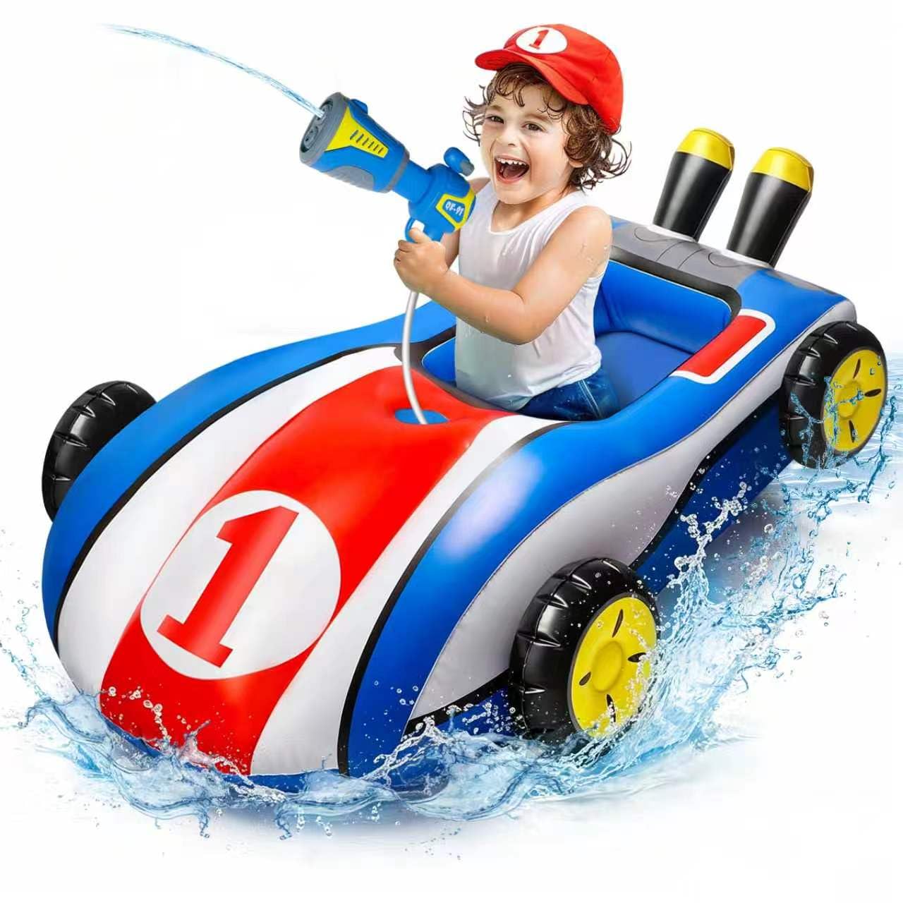 Shinybox Pływaki basenowe dla dzieci z pistoletem na wodę, pomoc w pływaniu Go-Kart dla dzieci, nadmuchiwany pływak do letnich gier wodnych