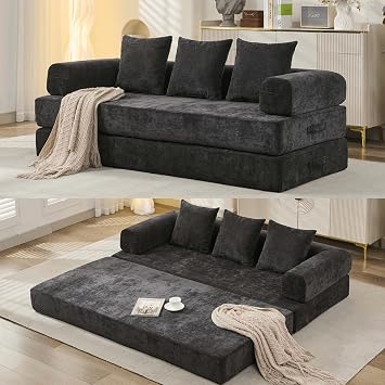 Convertible Sleeper Sofa Bed with Pillow, 4-in-1 Modular Chenille Folding Mattress Couch with Armrest, Futon Fold Out Floor Sofa Cama Lounge Couch for Living Room Bedroom Studio Black